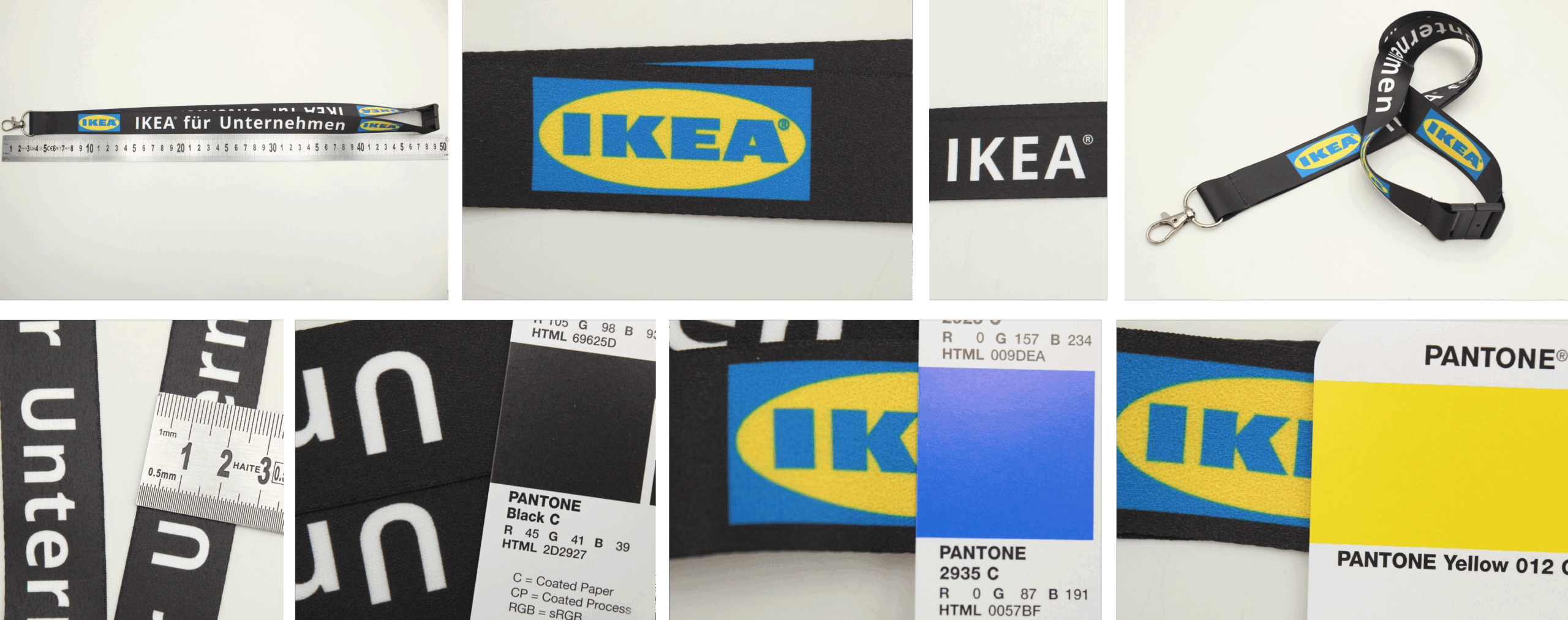 Mehrere Bilder von einem schwarzen IKEA-Gruppenband mit Logo und Pantone-Farben zur Farbgestaltung.