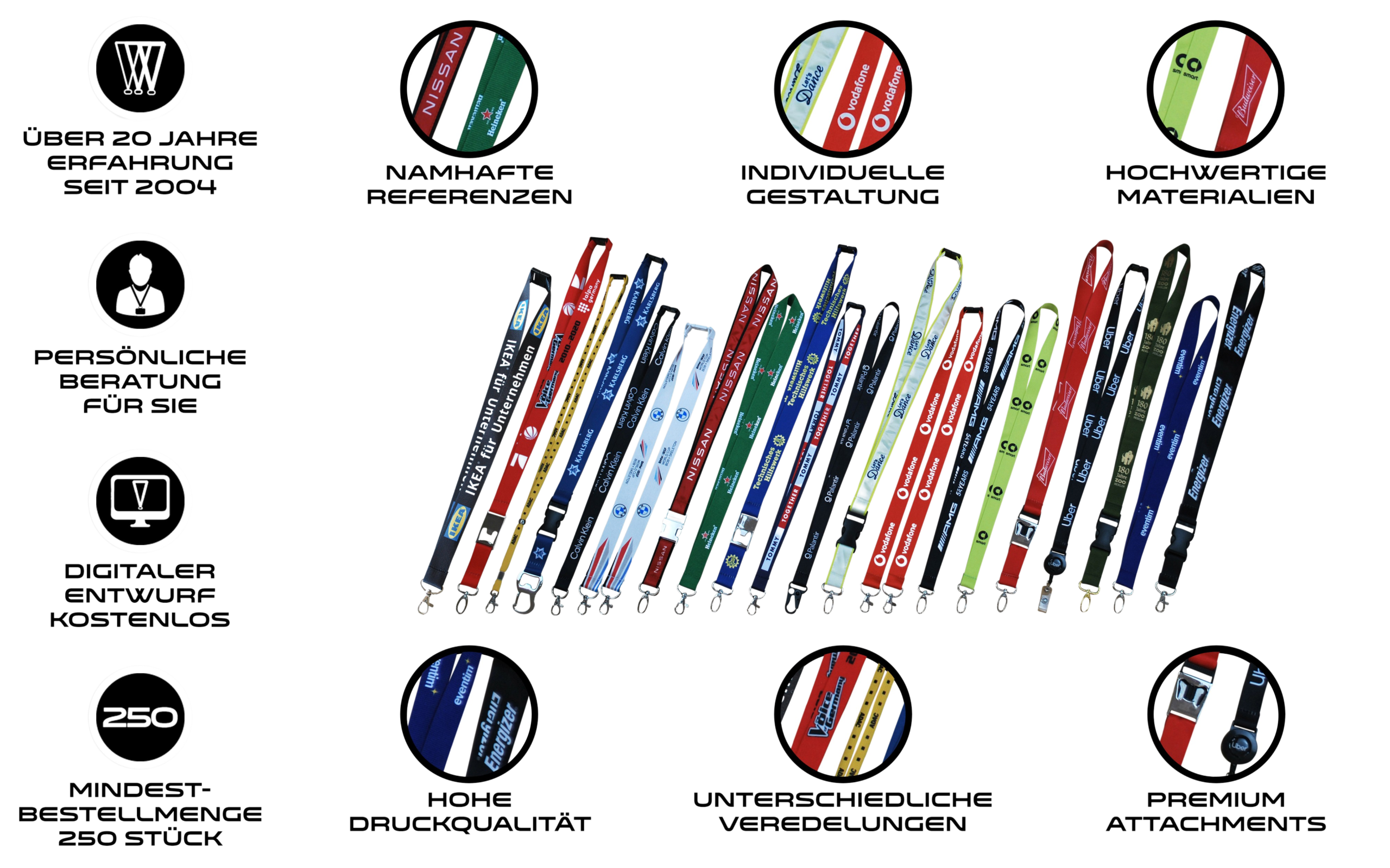 Eine Sammlung von individuell gestalteten Lanyards, umgeben von informativen Texten zu Design und Qualität.