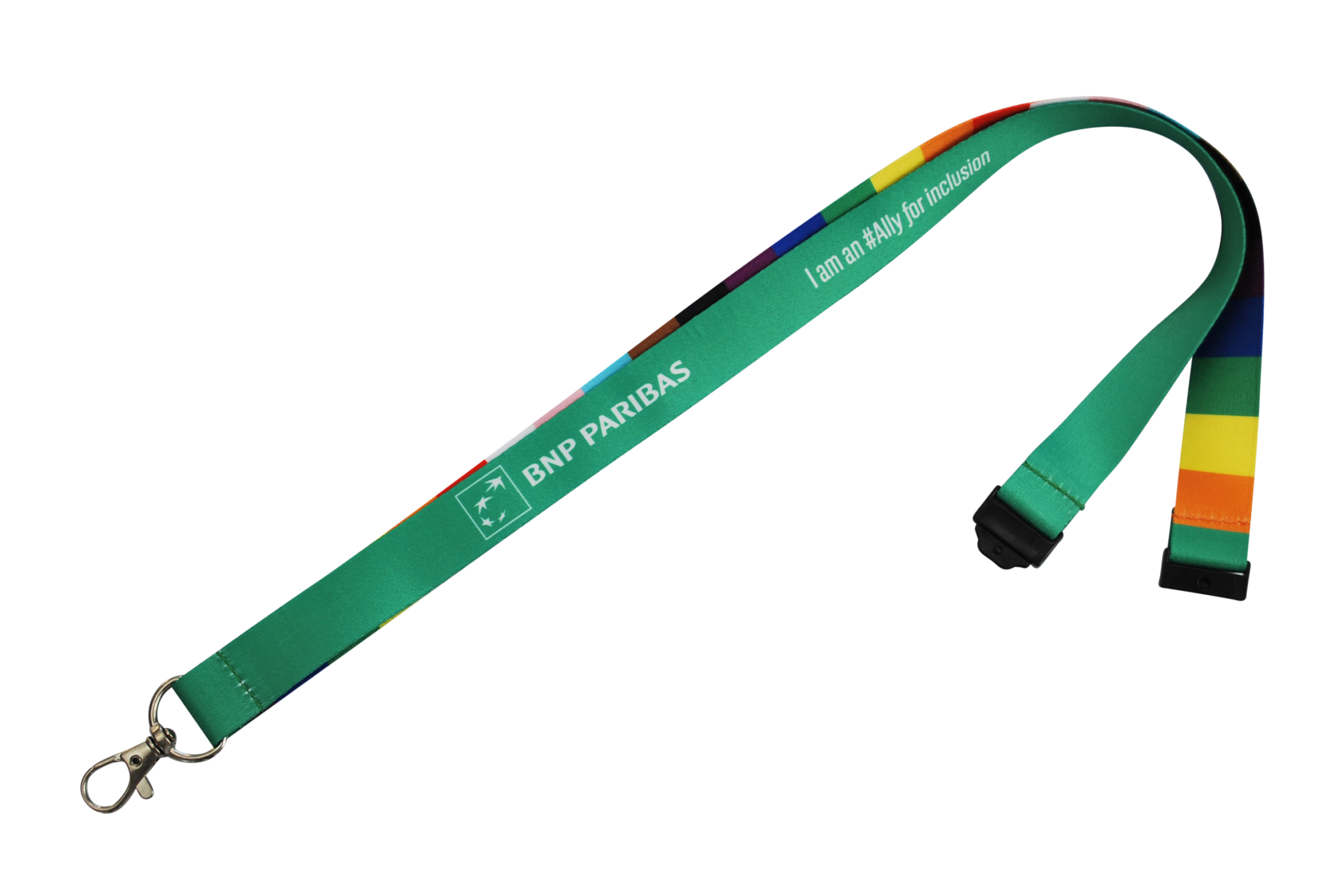 Grüne Lanyard mit buntem Regenbogenmuster, beschriftet mit "BNP PARIBAS" und "I am an #Ally for inclusion".
