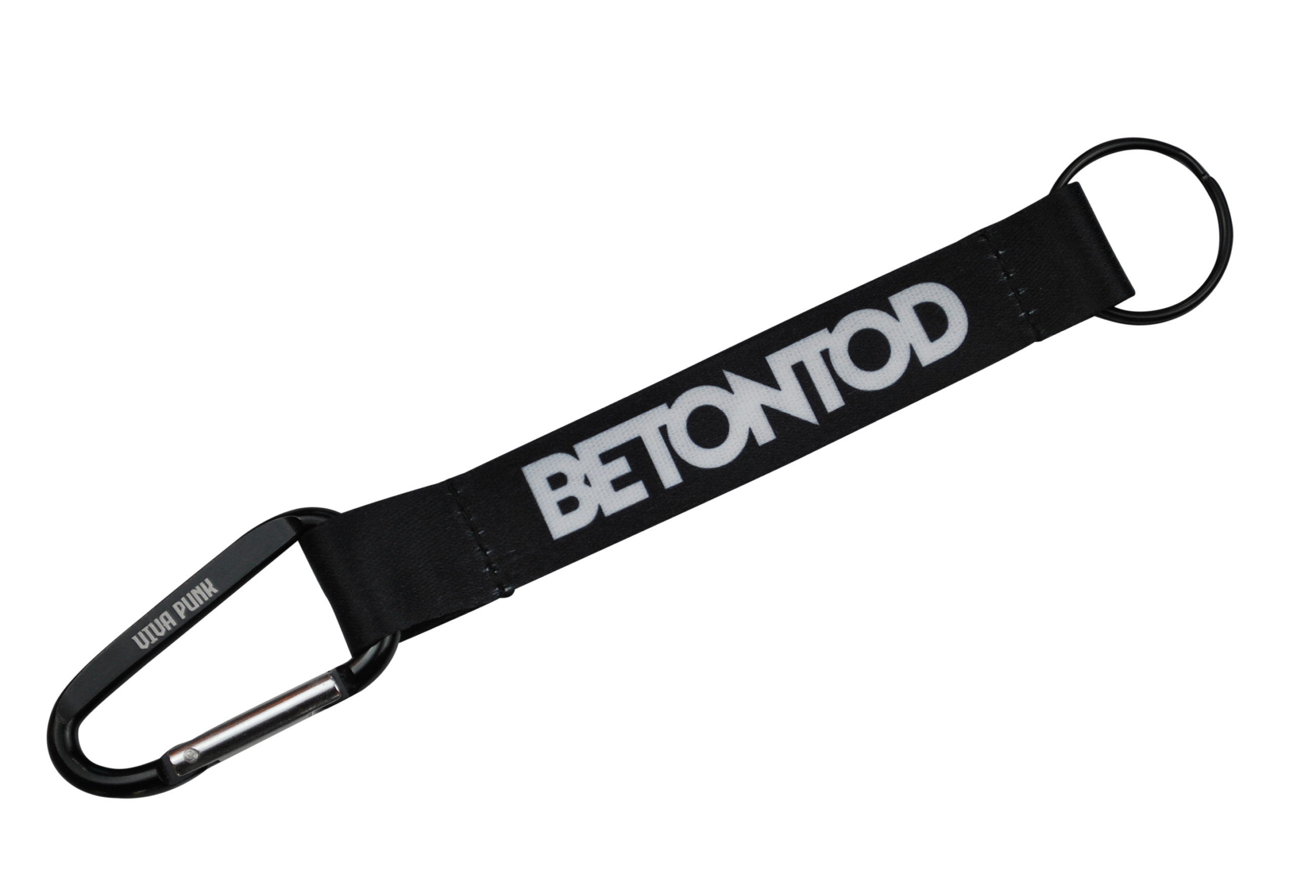 Schwarzer Schlüsselanhänger mit dem weißen Schriftzug „BETONTOD“ und einem Karabinerhaken.