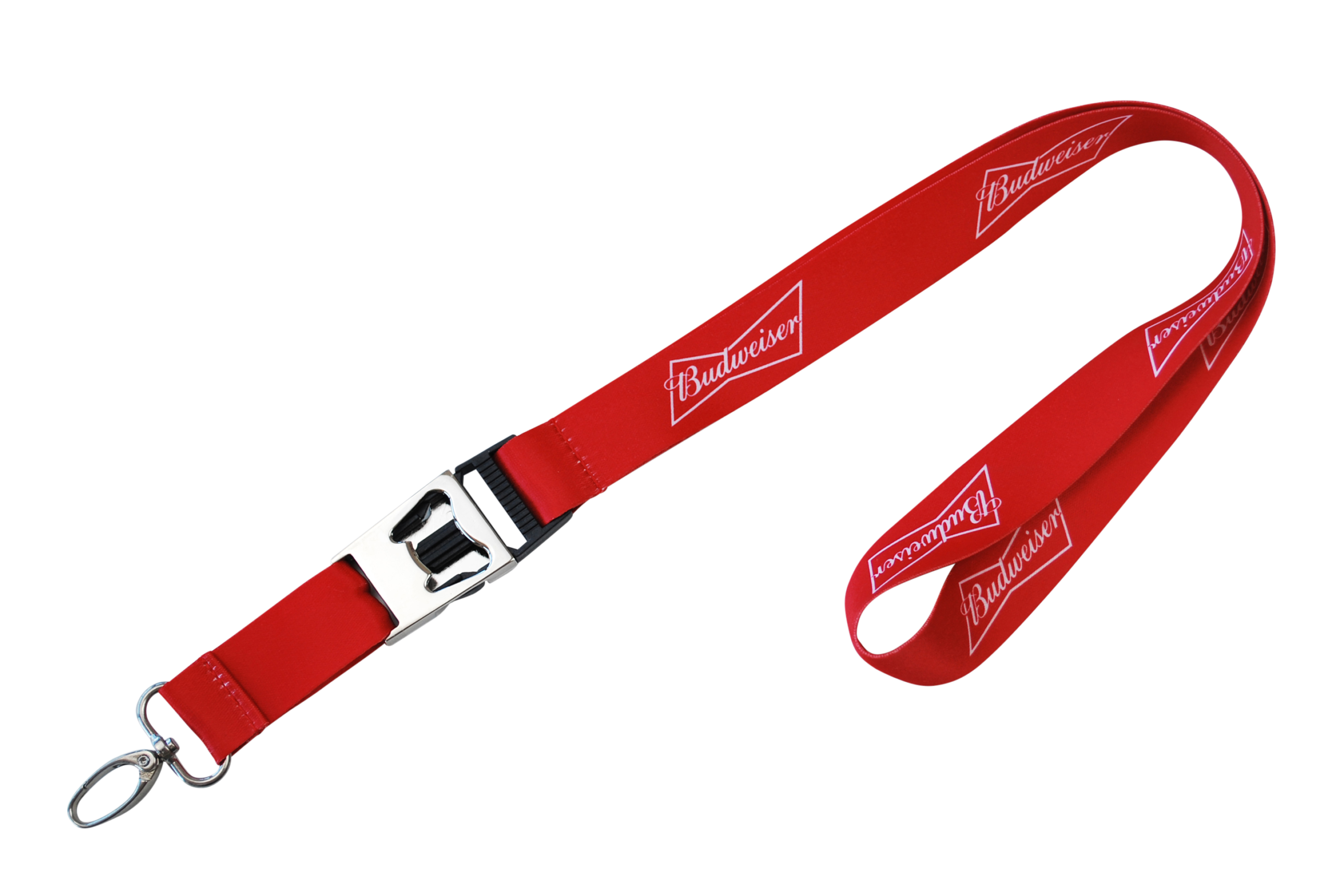 Rotes Lanyard mit silberner Schnalle und Budweiser-Logo, geeignet für Schlüssel oder Ausweise.