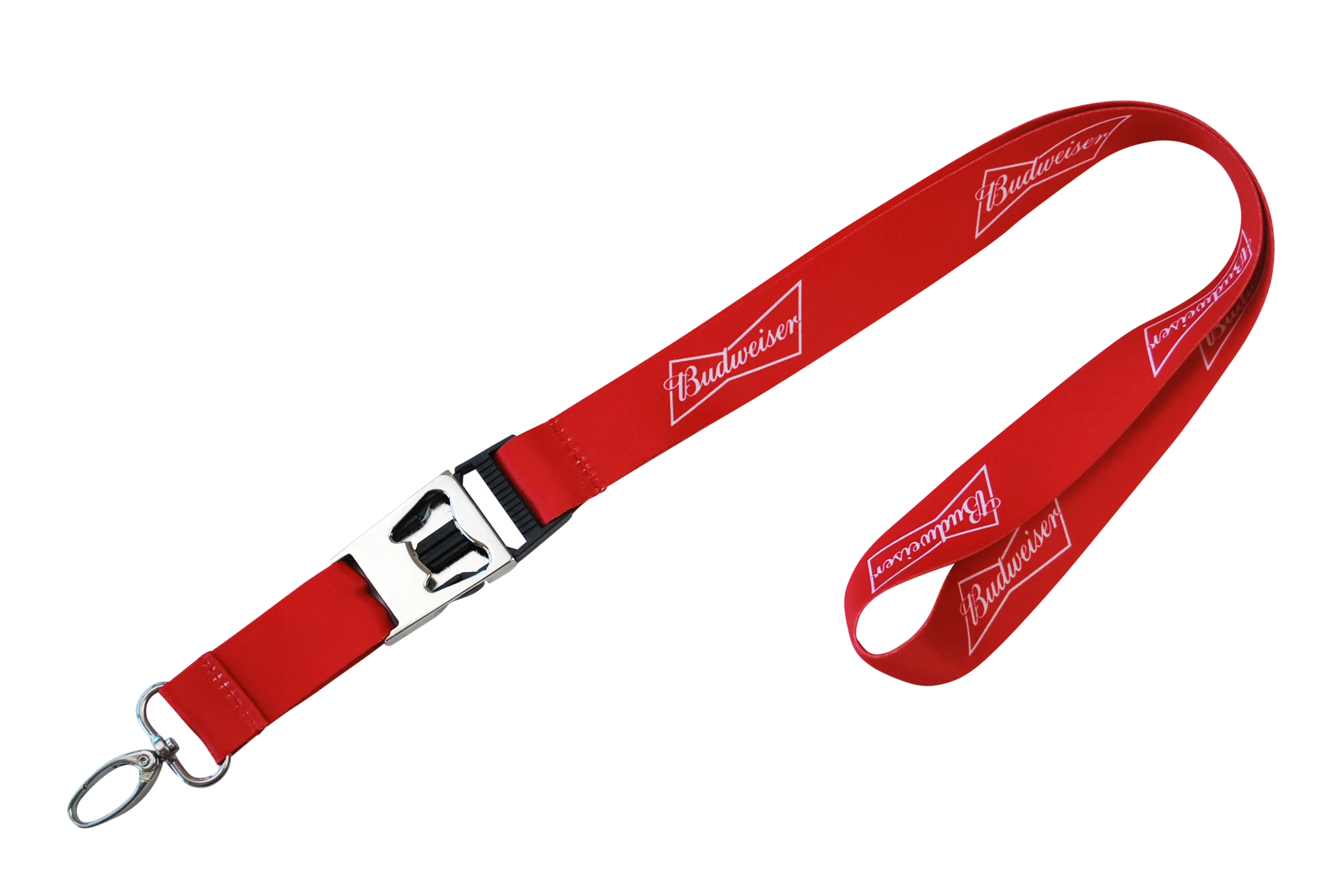 Rote Lanyard mit einer Metallschnalle und Budweiser-Logos auf der Oberfläche.
