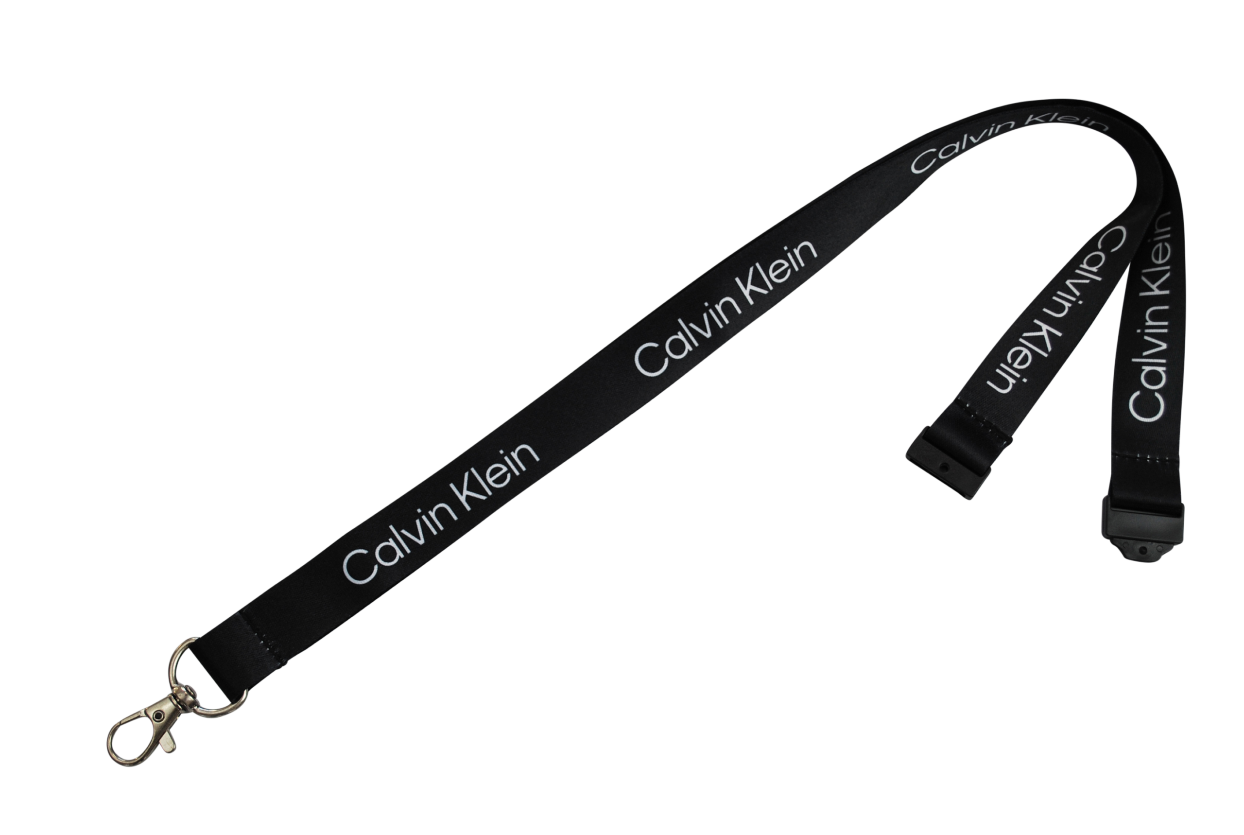 Schwarze Lanyard mit dem Schriftzug "Calvin Klein" in Weiß und einem Karabinerhaken.