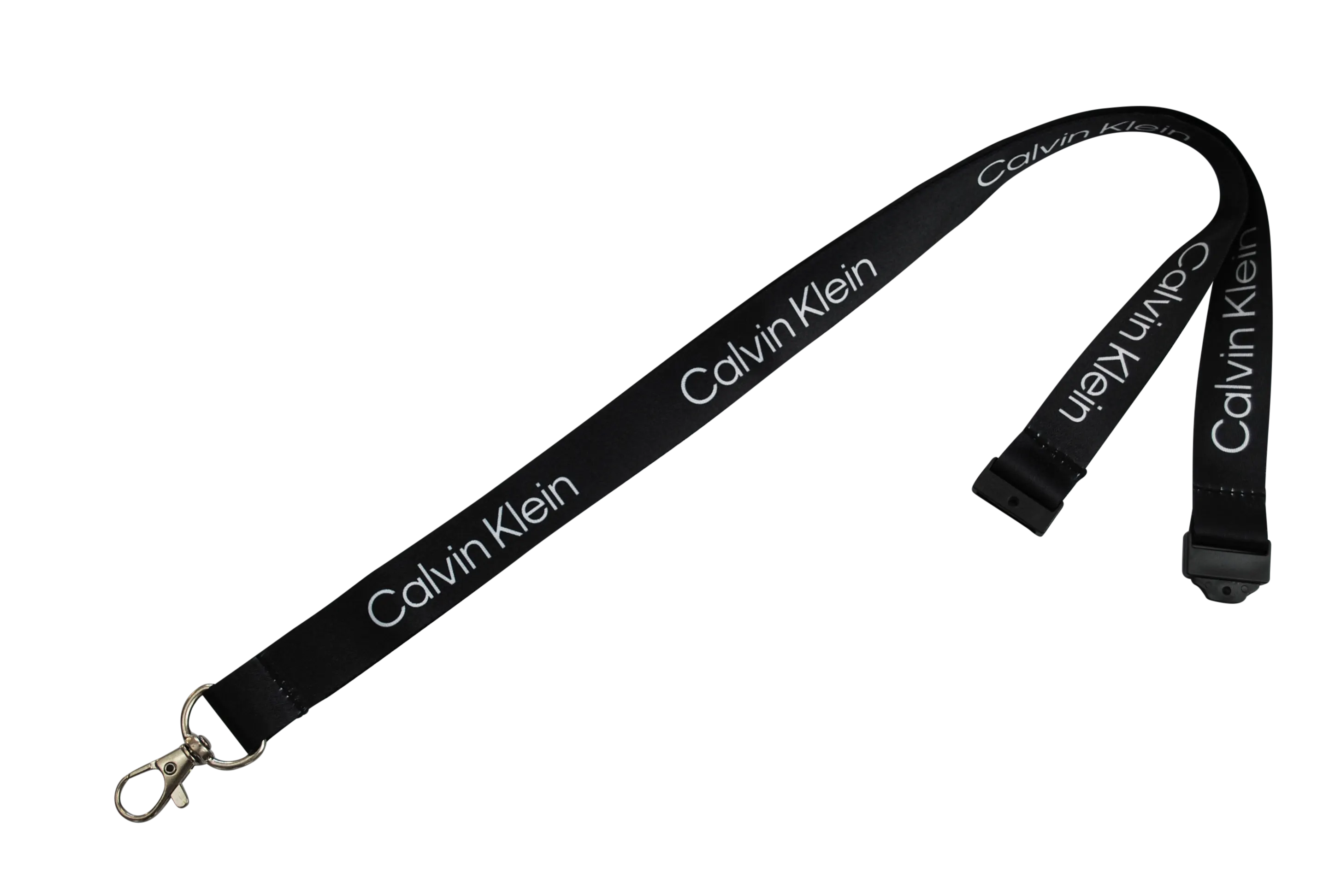 Schwarzer Schlüsselanhänger mit dem Schriftzug "Calvin Klein" in weißen Buchstaben.
