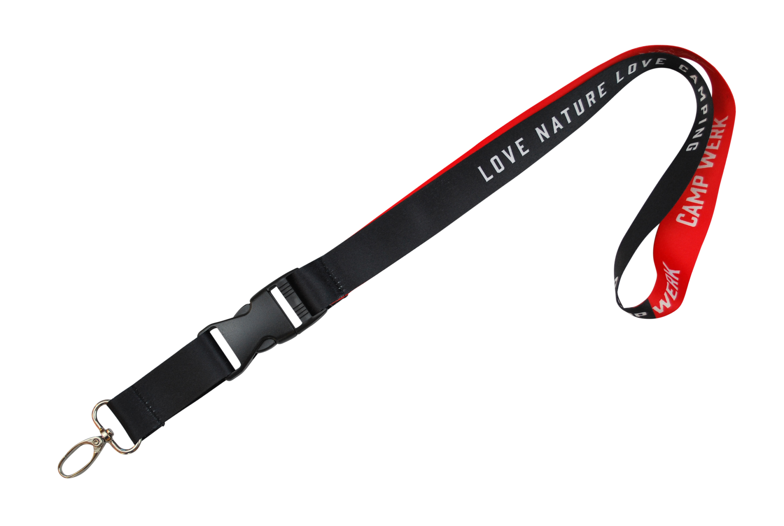 Schwarz-rote Schlüsselband mit den Aufschriften "LOVE NATURE" und "CAMP WERK", ausgestattet mit Karabinerhaken.
