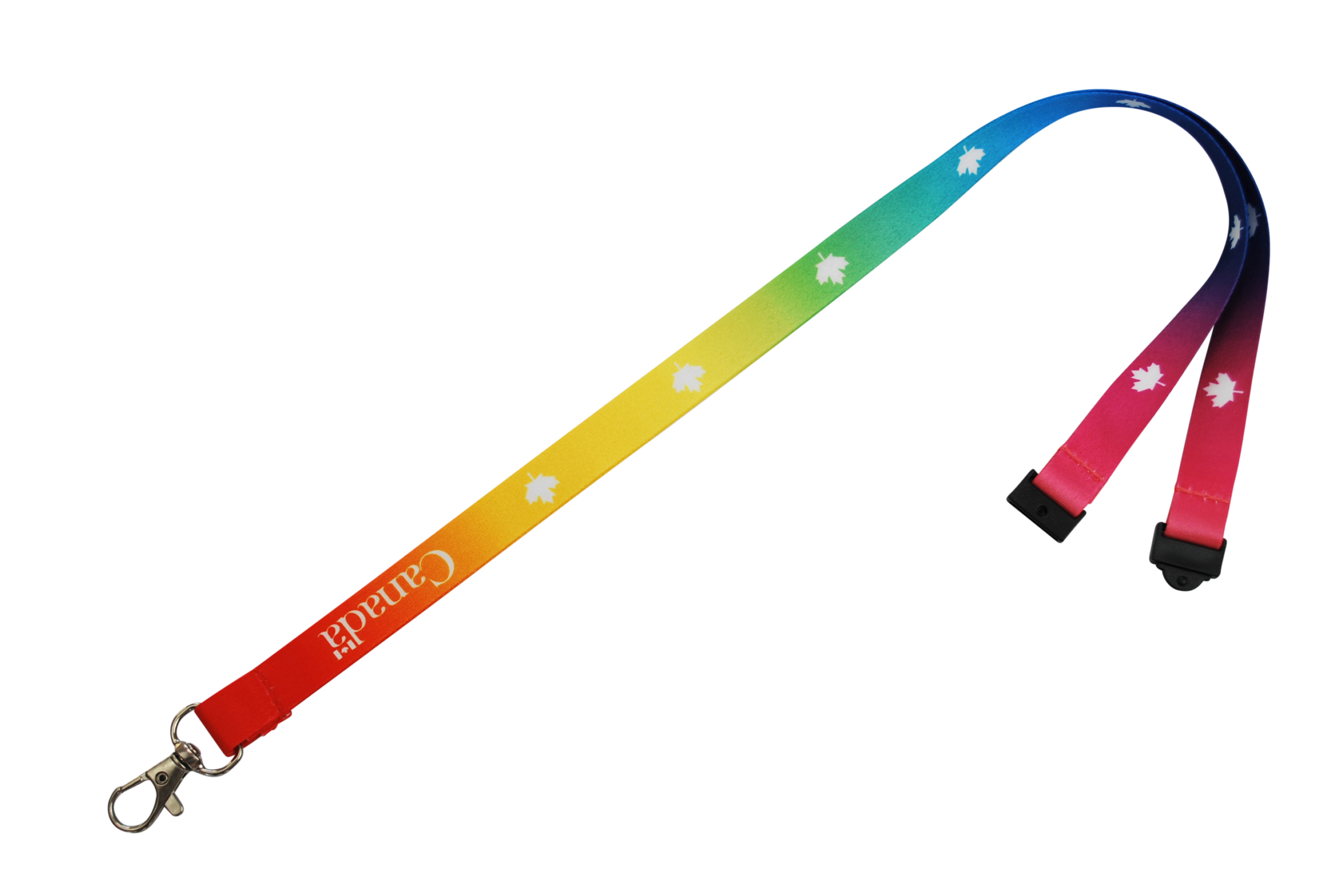 Bunte Lanyard mit dem Schriftzug „Canada“ und weißen Ahornblättern, von Rot über Gelb zu Blau verlaufend.