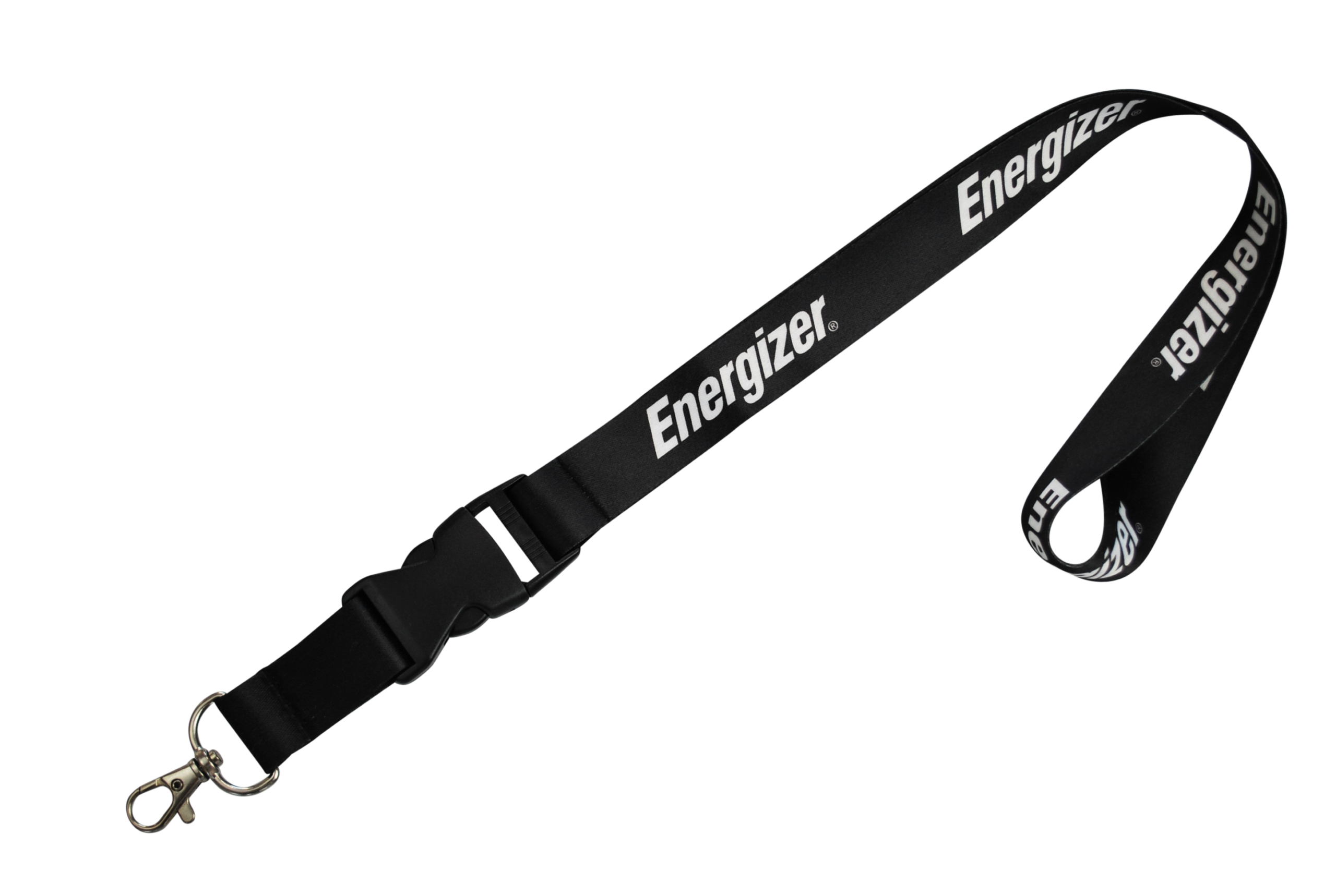 Schwarzer Textil-Lanyard mit silbernem Karabiner und dem Logo von Energizer.
