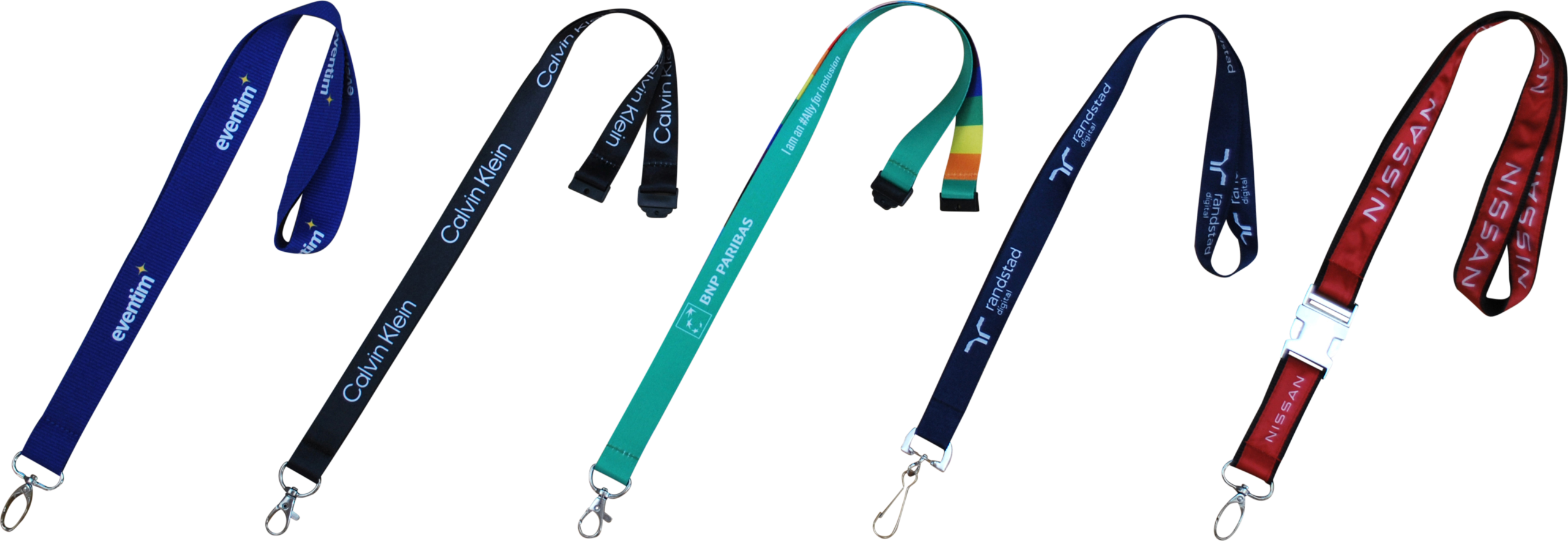Fünf verschiedene Schlüsselbänder in unterschiedlichen Farben und mit verschiedenen Logos.