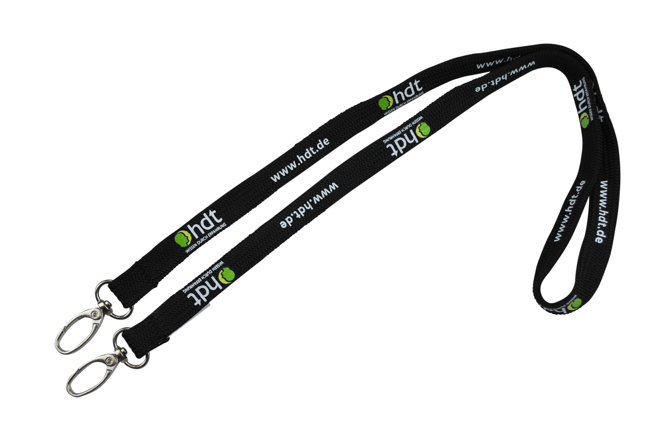 Schwarzer Lanyard mit silbernen Karabinerverschlüssen und dem Logo sowie der Website "www.hdt.de" bedruckt.