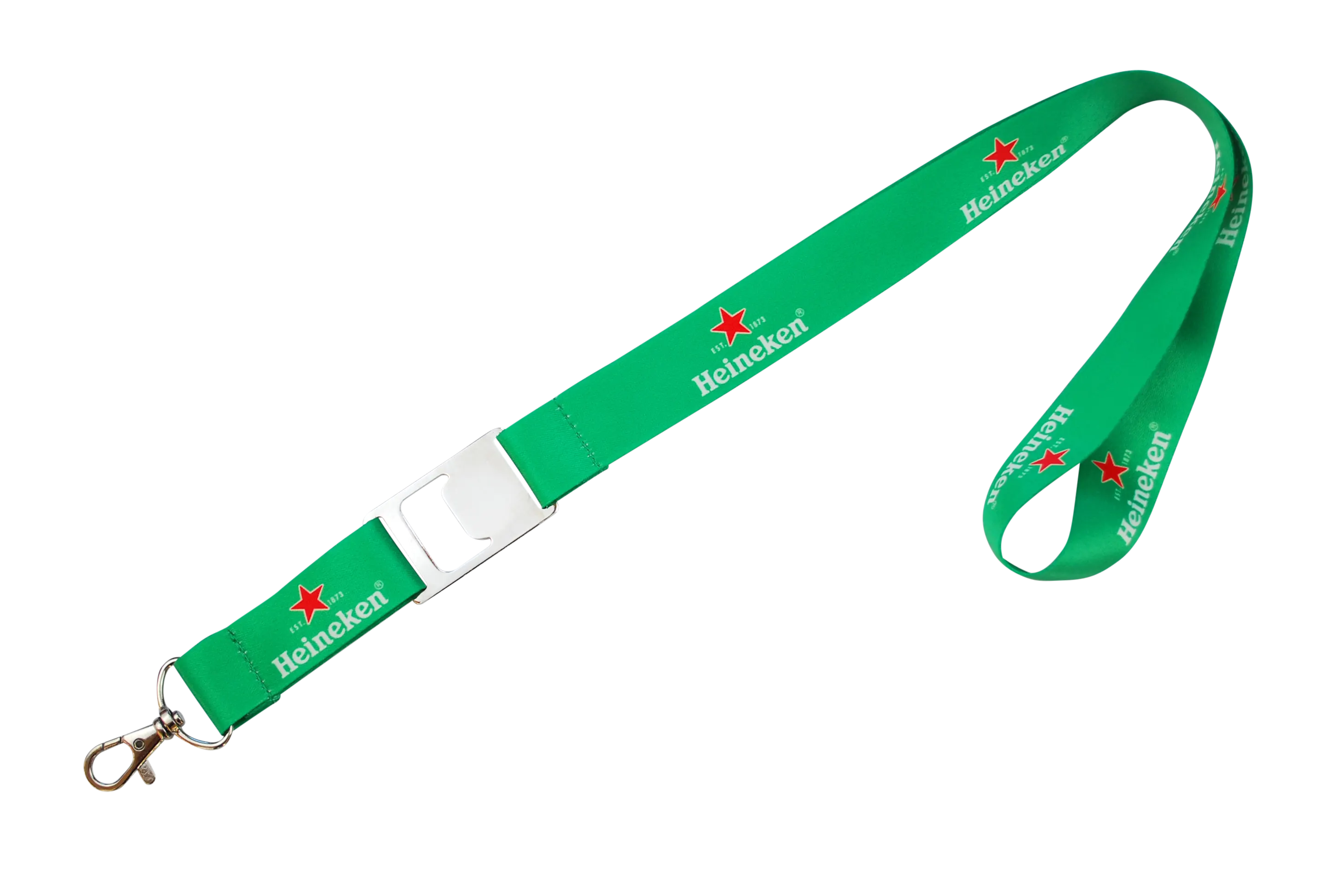 Grüne Lanyard mit Heineken-Logo und Stern, ausgestattet mit einem Clip und Flaschenöffner.