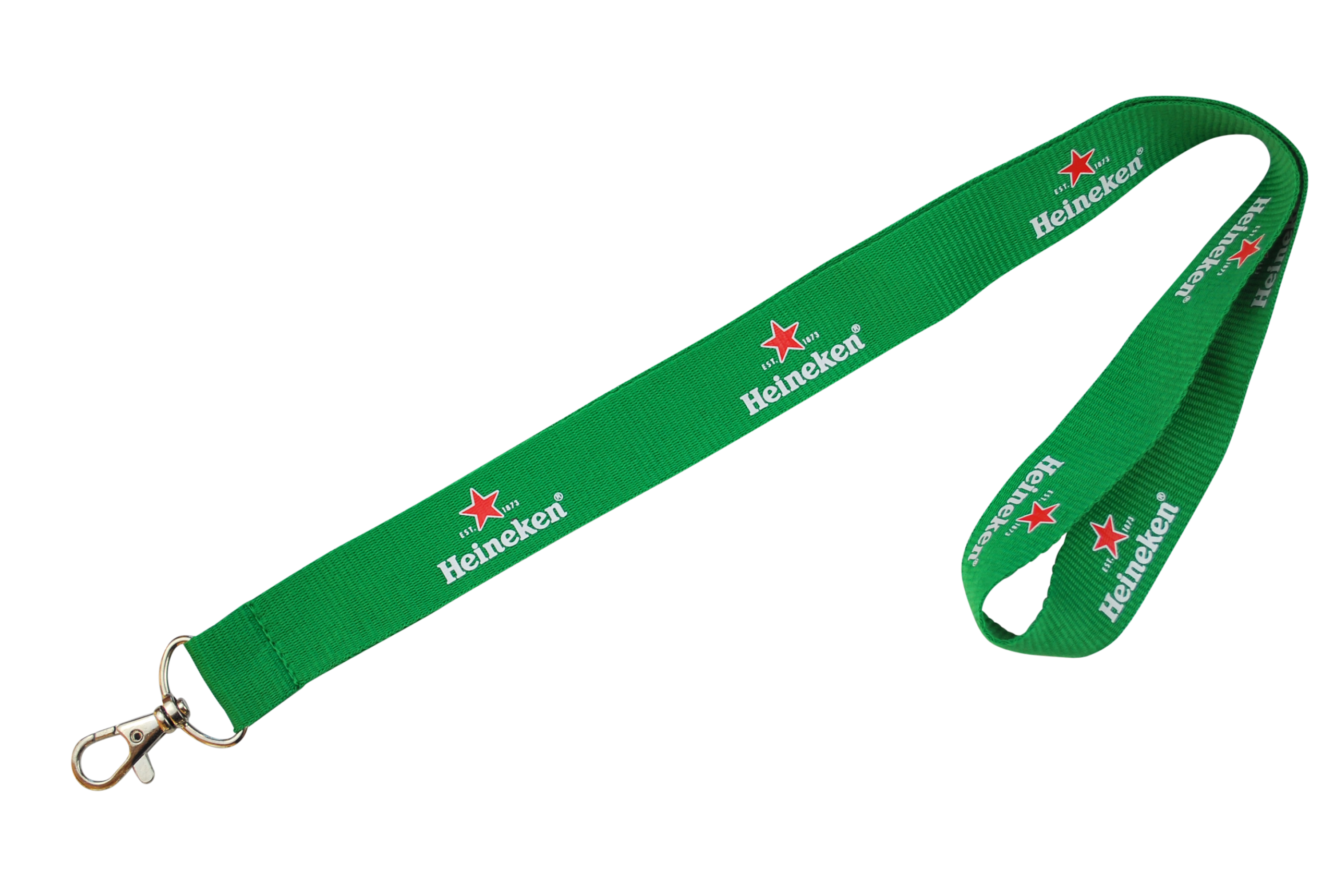 Grüne Lanyard mit Heineken-Logo und Karabinerhaken, für Schlüssel oder Ausweise geeignet.