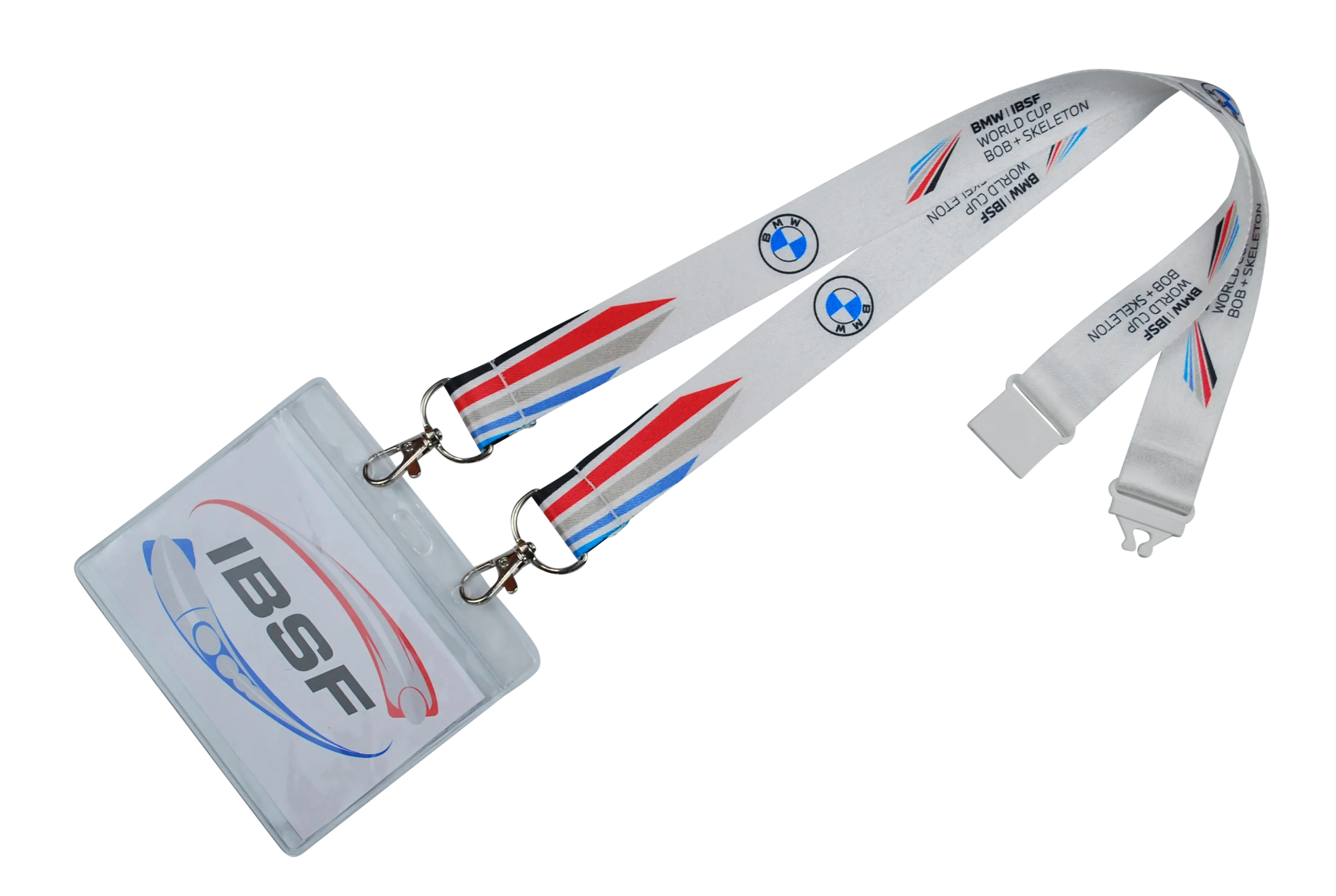 Lanyard mit IBF-Logo und BMW-Motiven, inklusive einer ID-Hülle für Veranstaltungen.