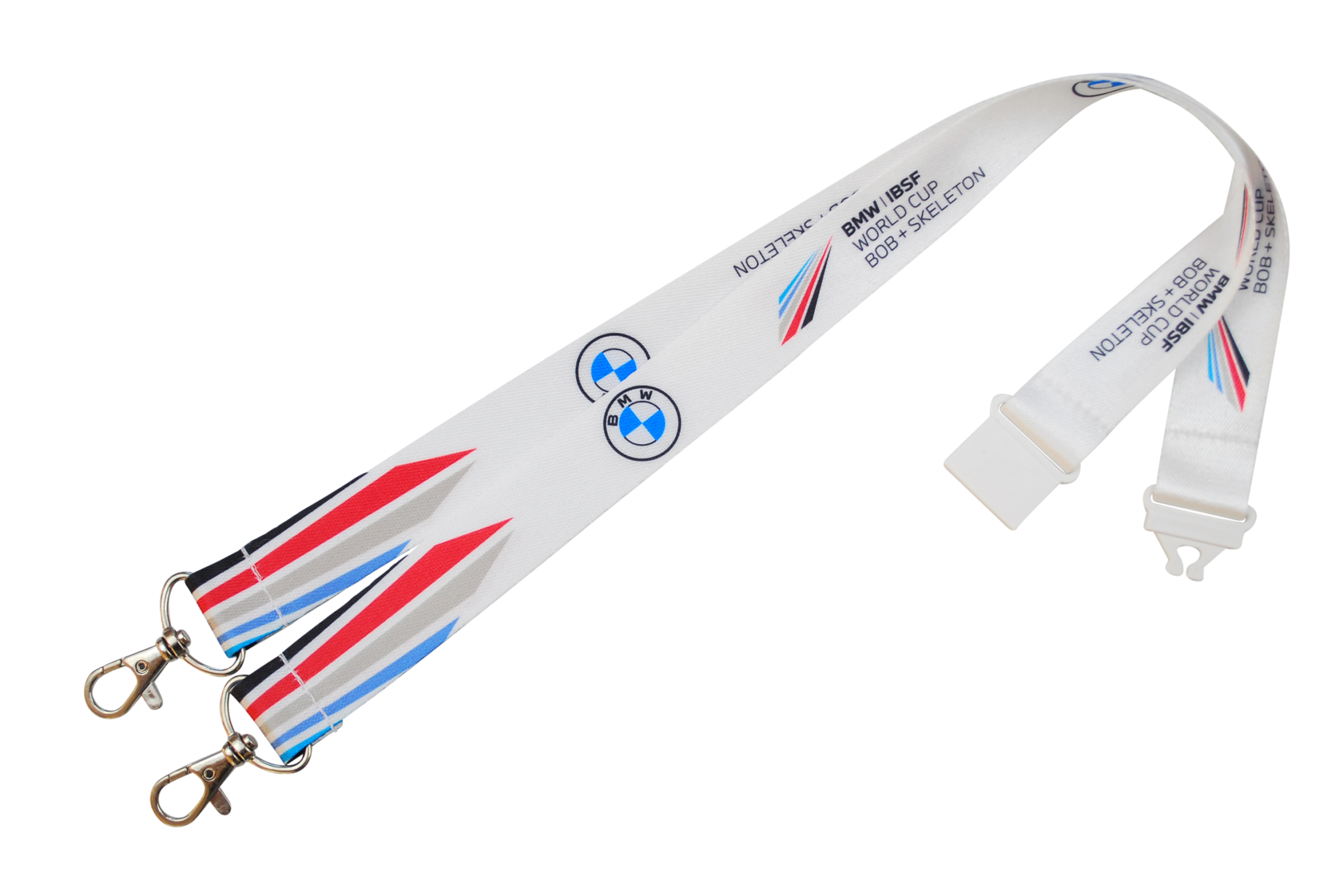 Lanyard mit BMW-Logo und bunten grafischen Elementen, verwendet für die IBSF Weltcupveranstaltung im Bobsport.