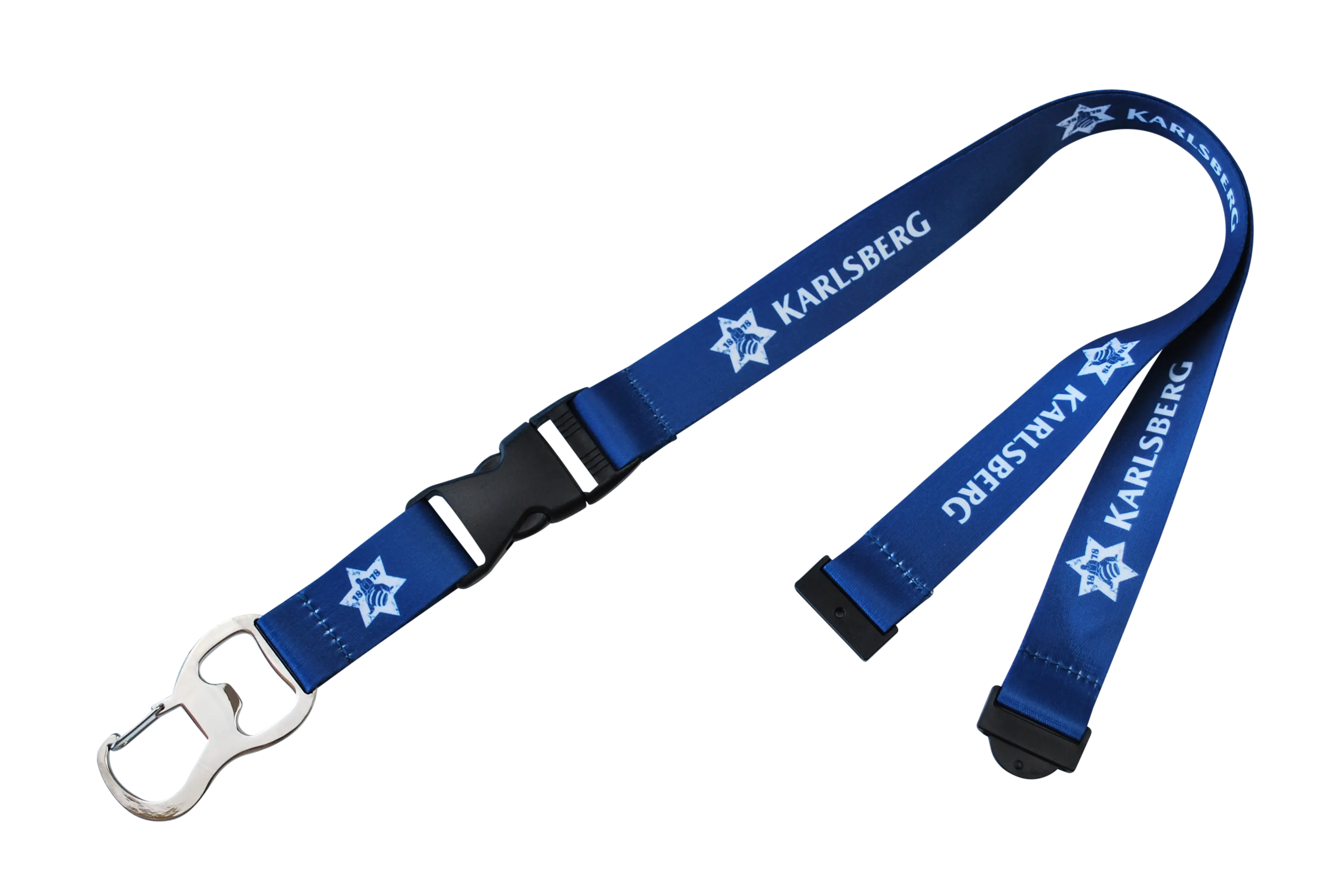 Blauer Lanyard mit dem Schriftzug "Karlsberg" und Flaschenöffner als Anhänger.
