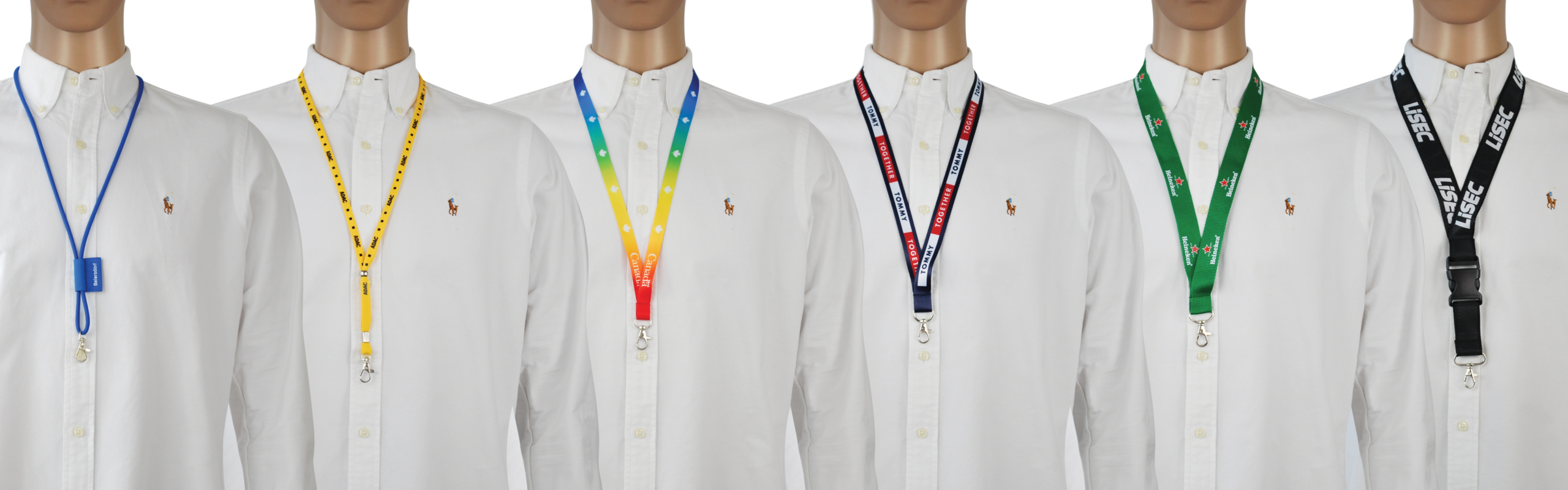 Sechs Modelle in weißen Hemden tragen bunte Lanyards in verschiedenen Designs und Farben.