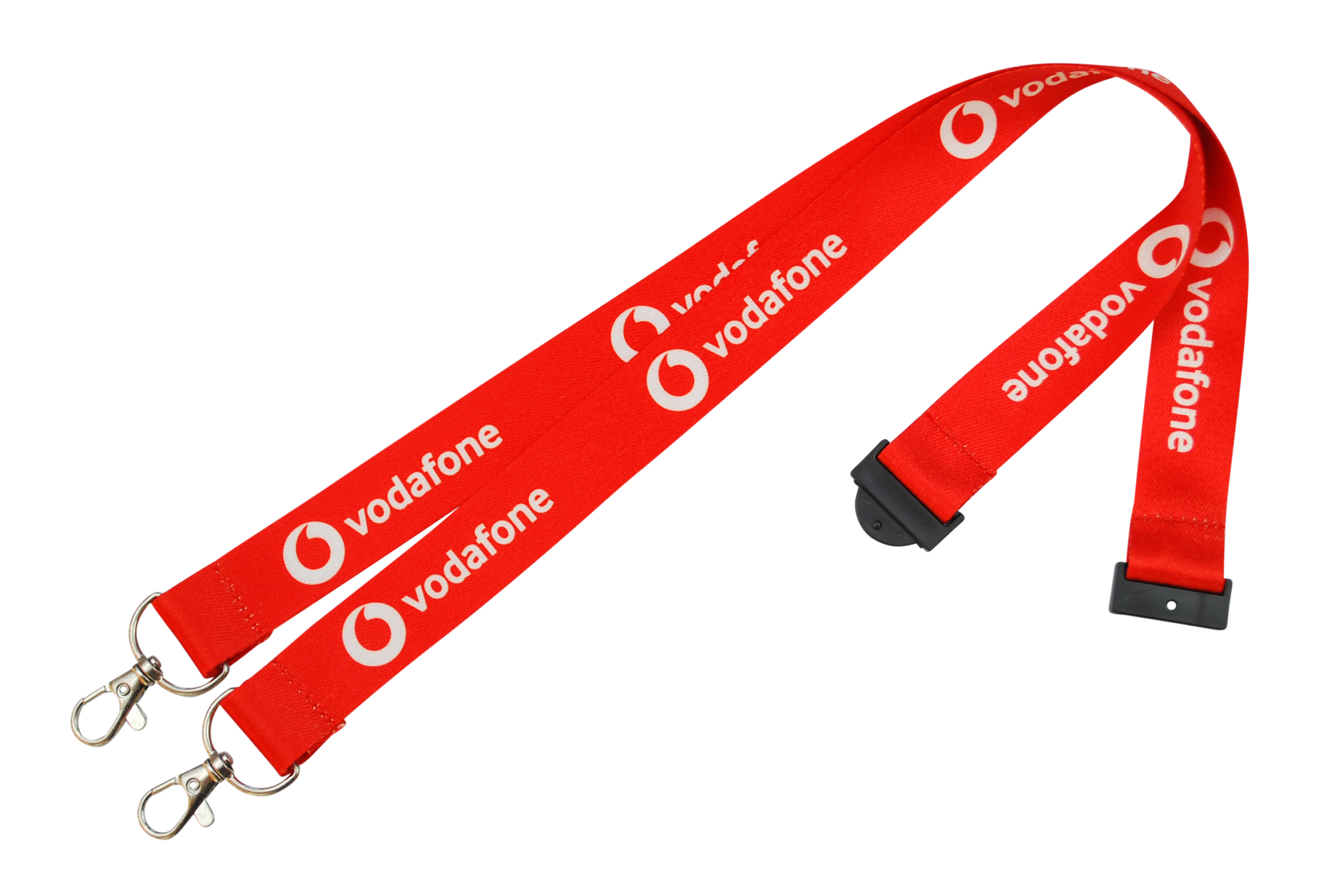 Roter Lanyard mit dem Schriftzug "vodafone" und zwei Karabinerhaken.