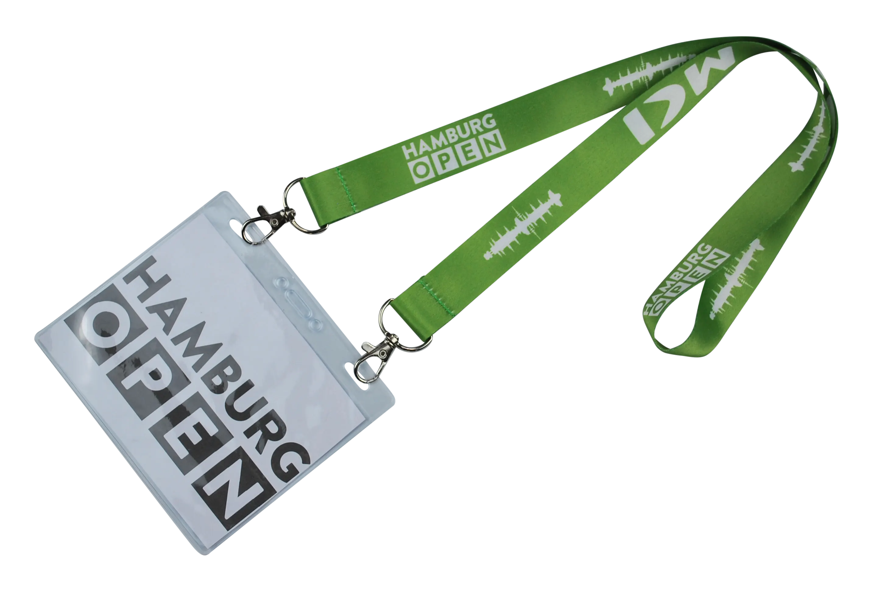 Lanyard mit Ausweis für die Veranstaltung "Hamburg Open" in grünem Design.