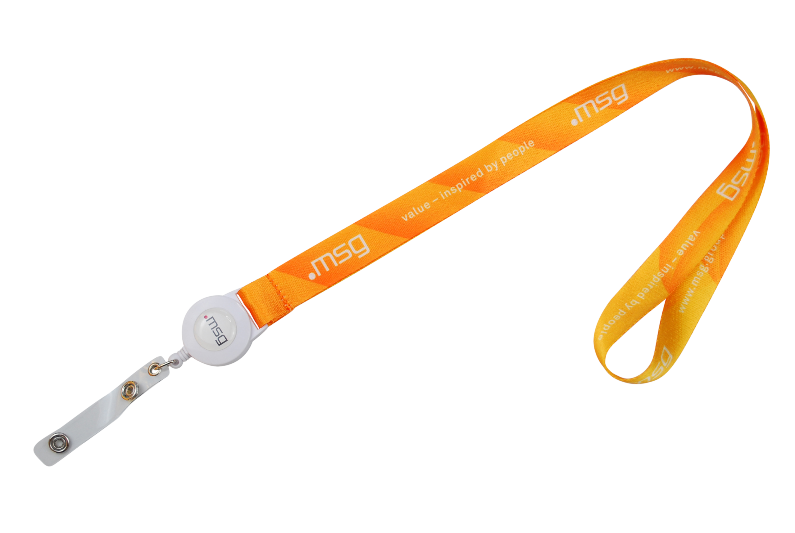 Lanyard in leuchtendem Orange mit dem Aufdruck "value - inspired by people" und einer Halterung.
