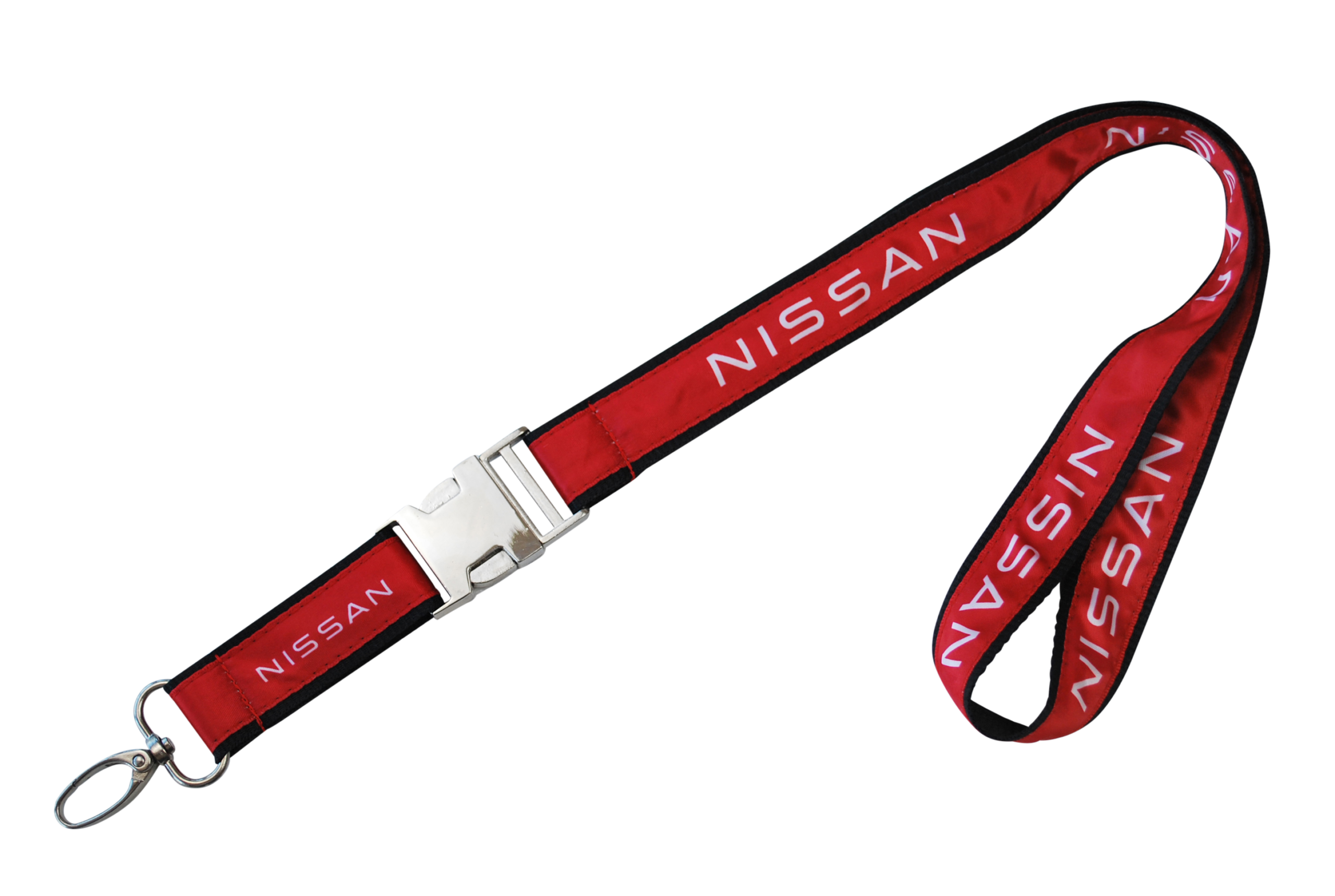 Rotes Schlüsselband mit dem Schriftzug "Nissan" und einem metallischen Clip.