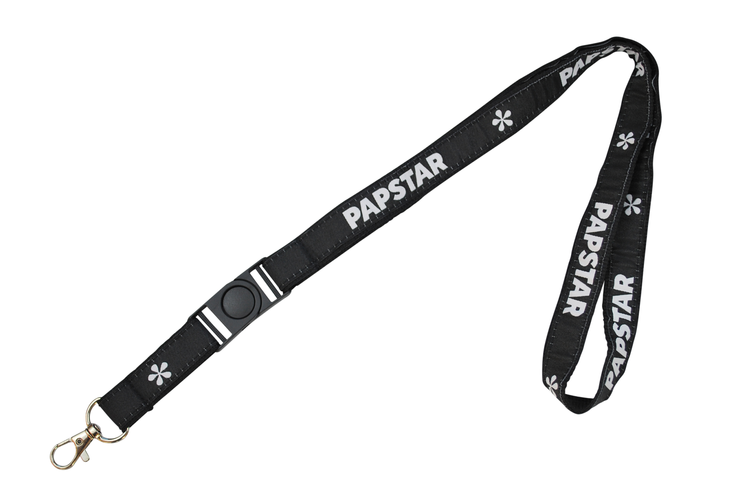 Schwarzer Ausweisband mit der Aufschrift "PAPSTAR" und einem Karabinerhaken.