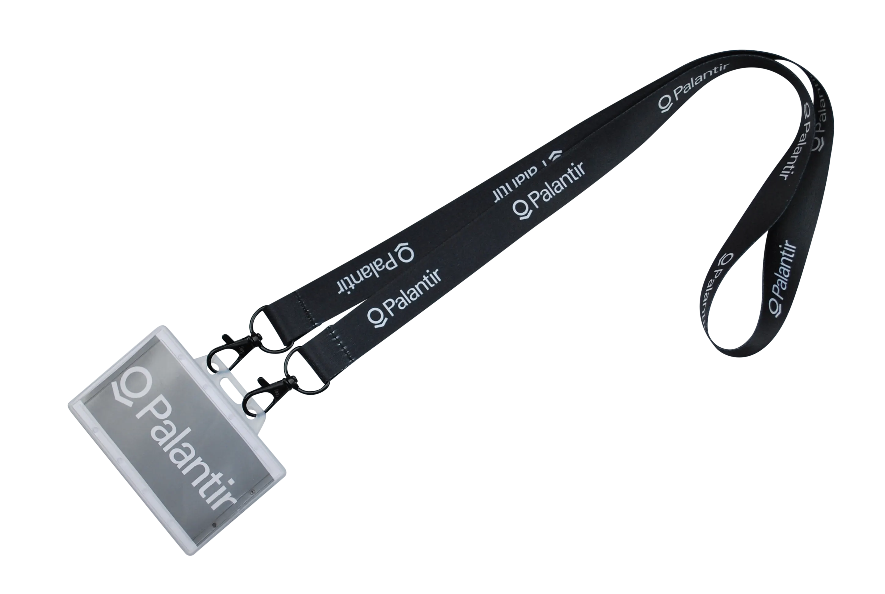 Ein schwarzes Lanyard mit dem Logo von Palantir und einer transparenten Halterung für einen Ausweis.