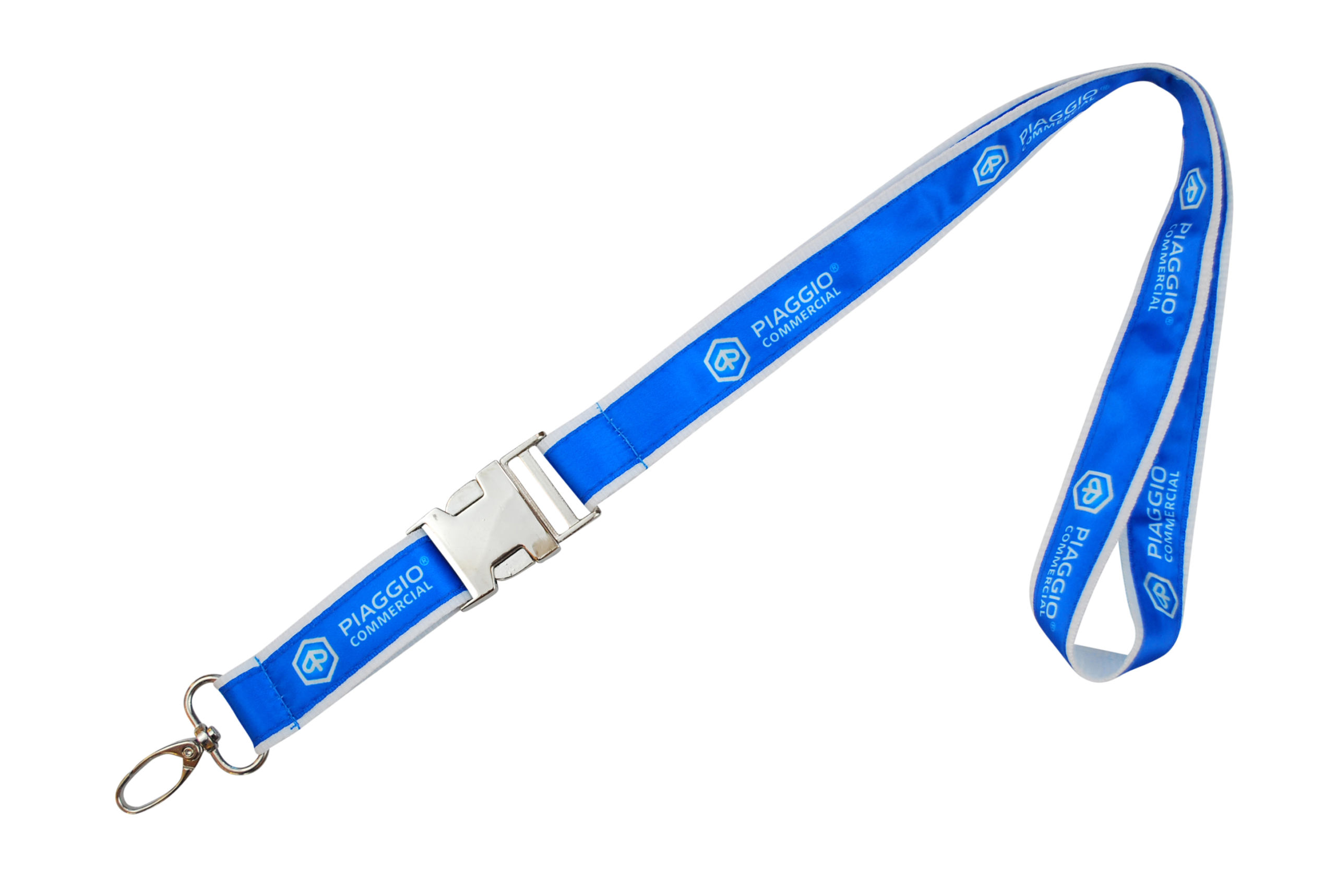 Blauer Lanyard mit silberner Schnalle und dem Aufdruck "PIAGGIO COMMERCIAL".