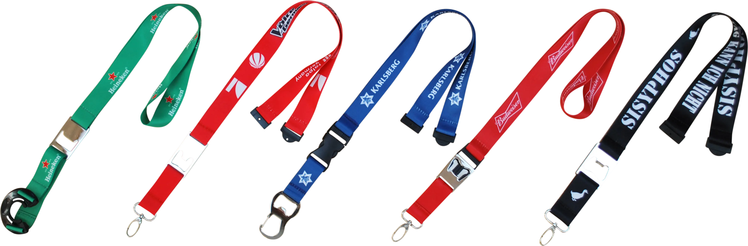 Fünf verschiedene Lanyards in unterschiedlichen Farben mit Markenlogos und einem Verschluss.