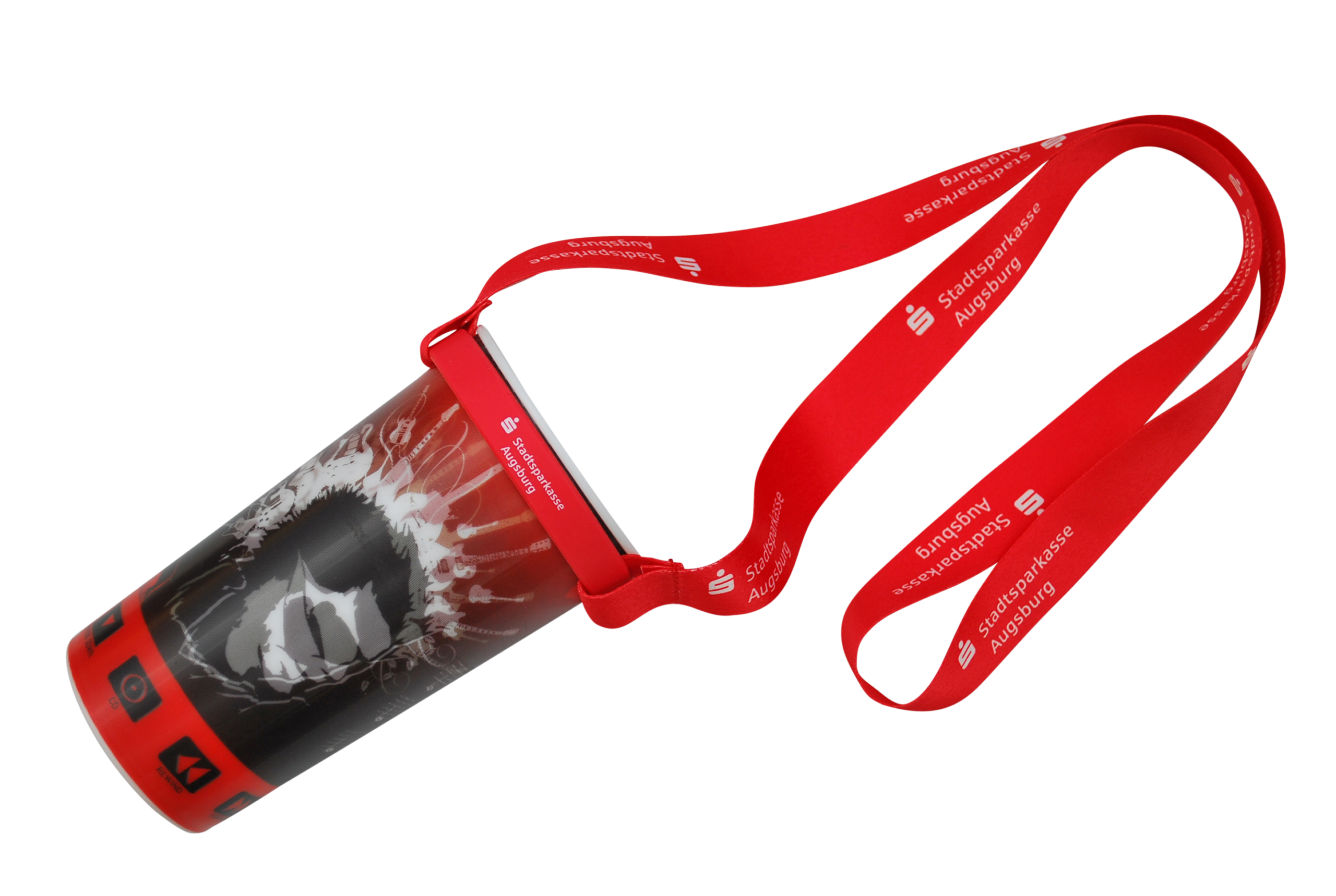 Ein roter Getränkehalter mit Tragegurt, verziert mit einem künstlerischen Druck und Logos.