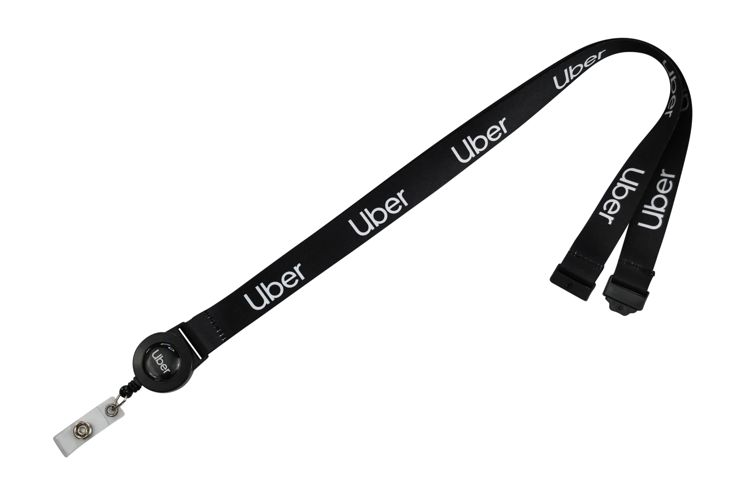 Schwarzes Lanyard mit dem Logo von Uber, ausgestattet mit einem Ausziehmechanismus und einem Clip.