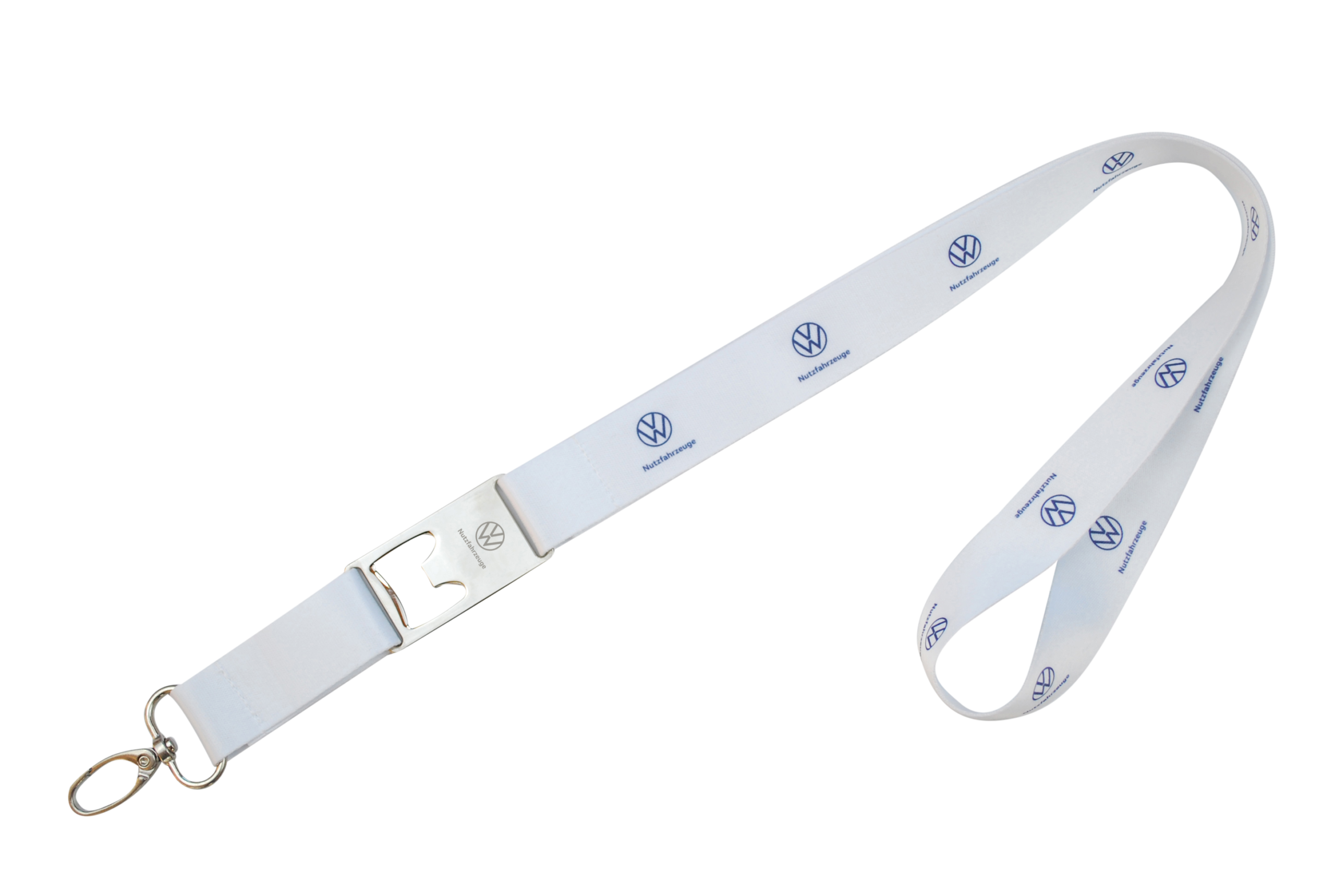 Weißes Lanyard mit silberner Schnalle, bedruckt mit dem Volkswagen-Logo.