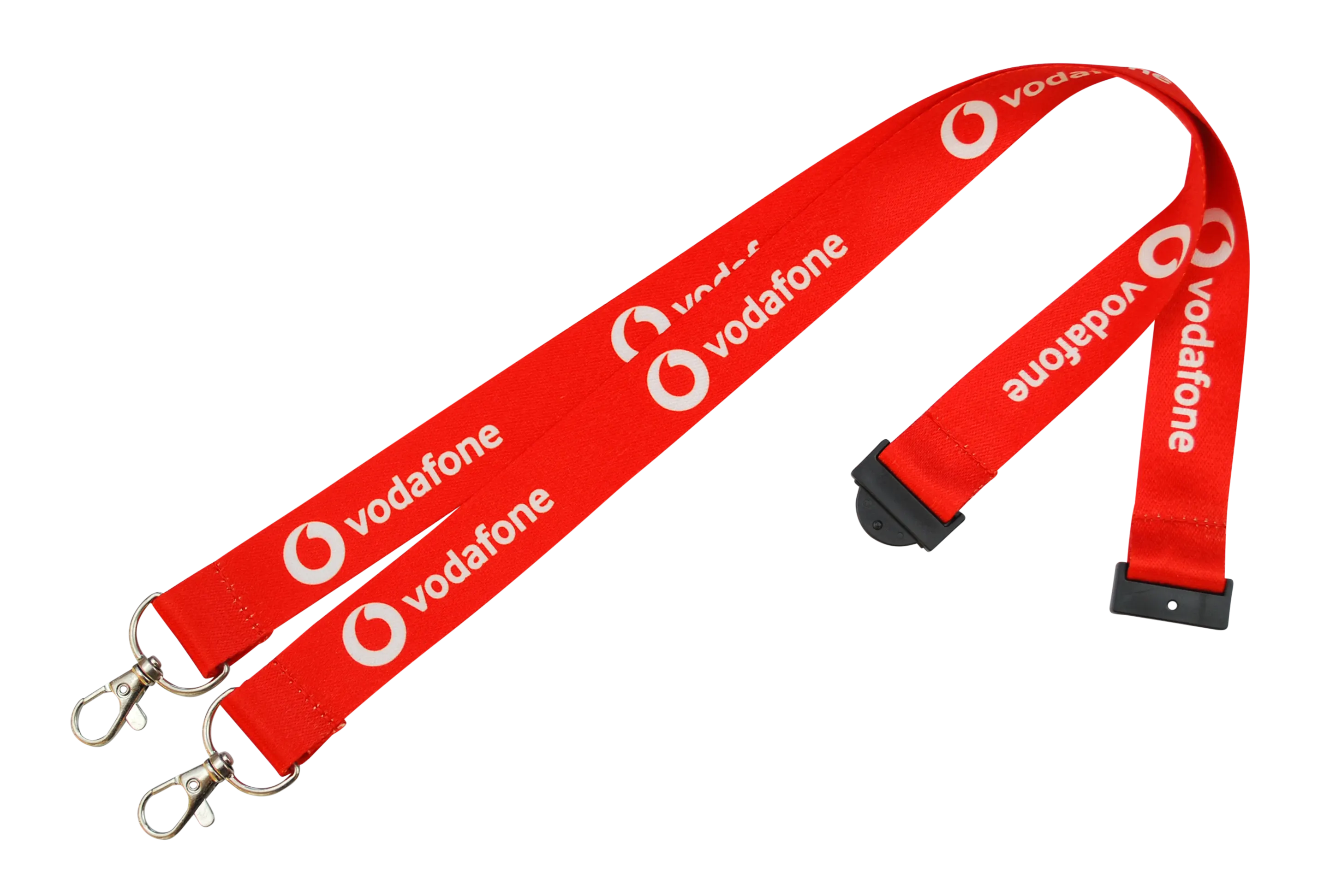 Roter Lanyard mit dem Vodafone-Logo und zwei Karabinerhaken an den Enden.