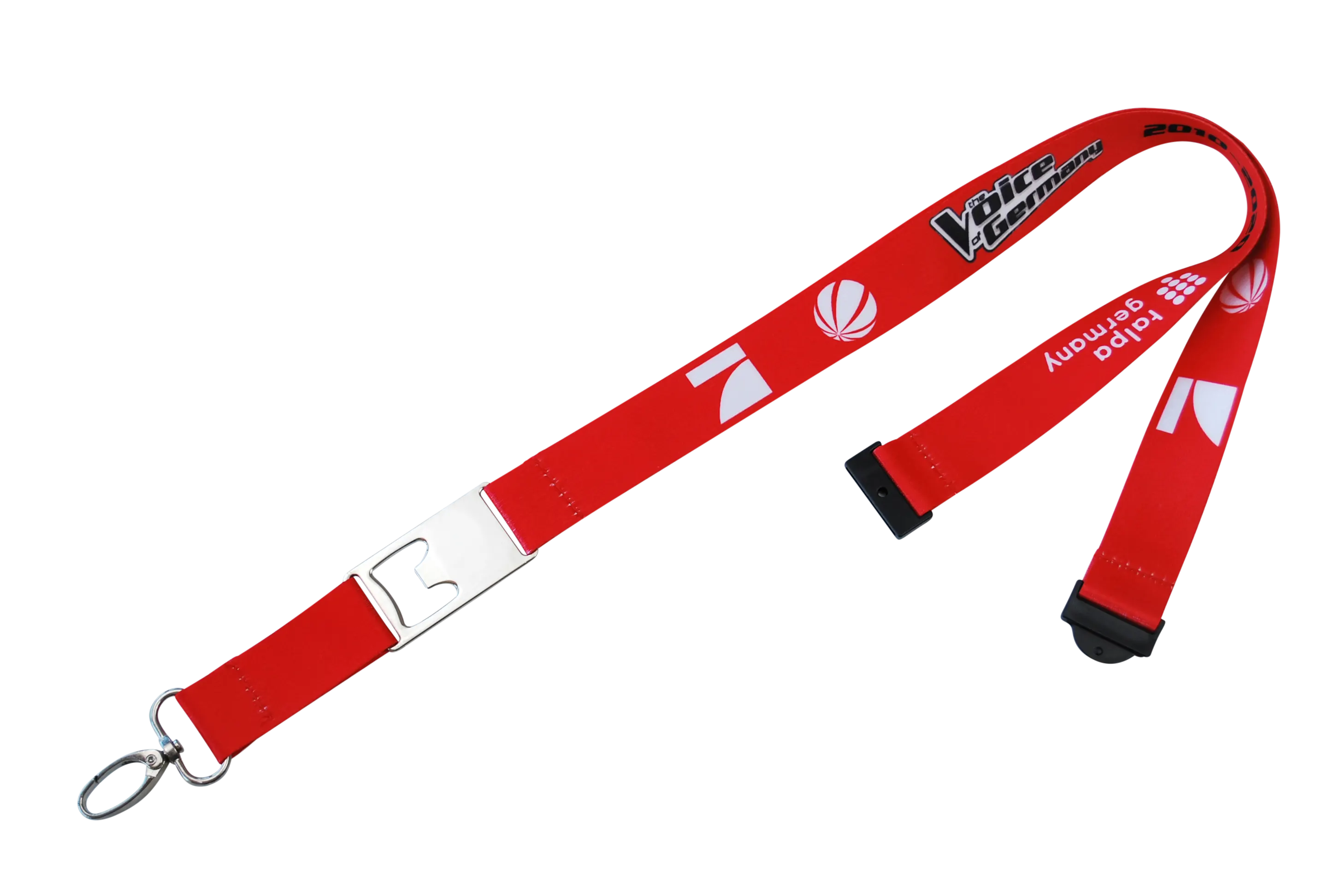 Roter Lanyard mit verschiedenen Logos und einer Metallschnalle zur Befestigung.
