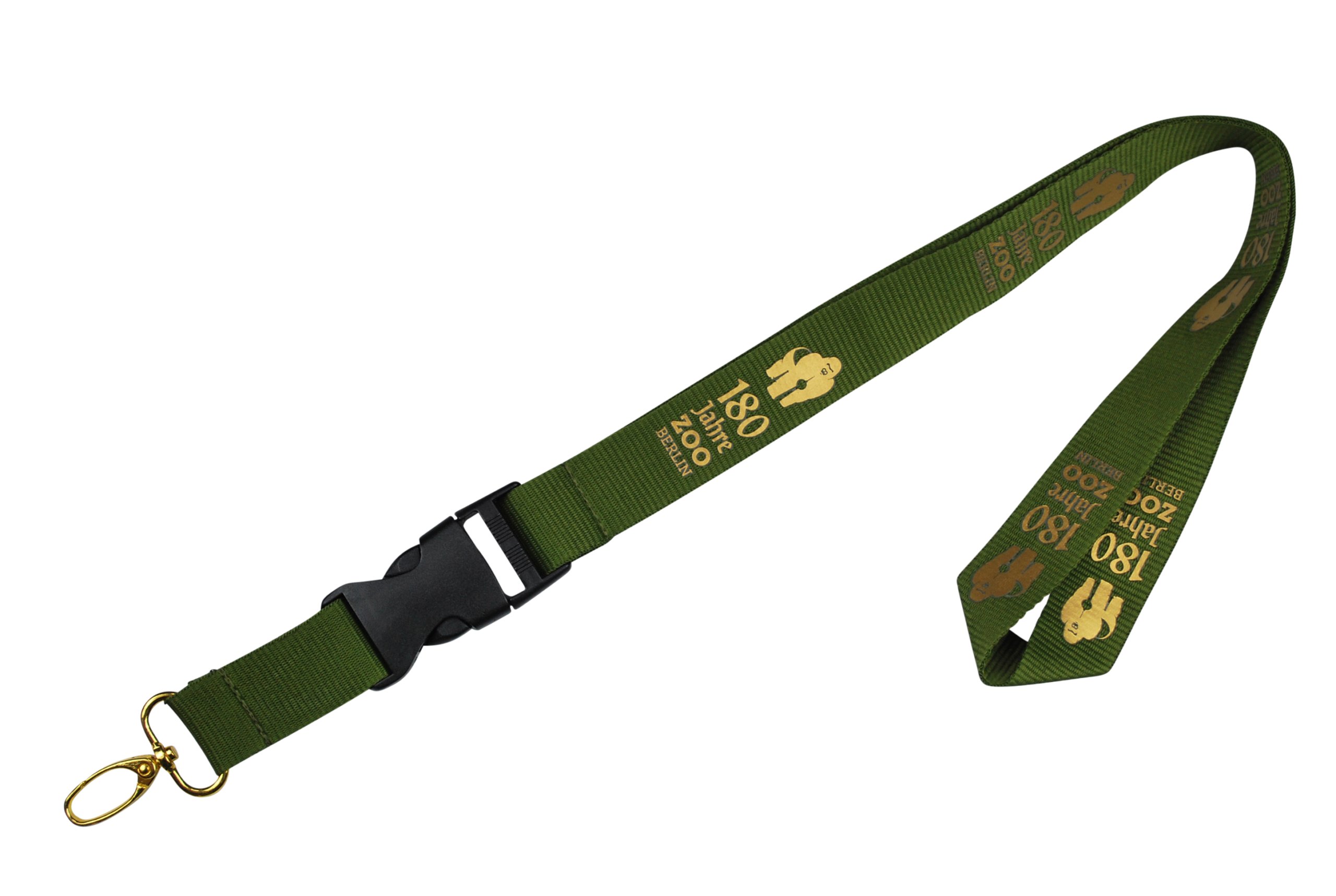 Grüne Umhängeband mit goldenen Schriftzügen "180 Jahre Zoo Berlin" und tierischem Motiv.