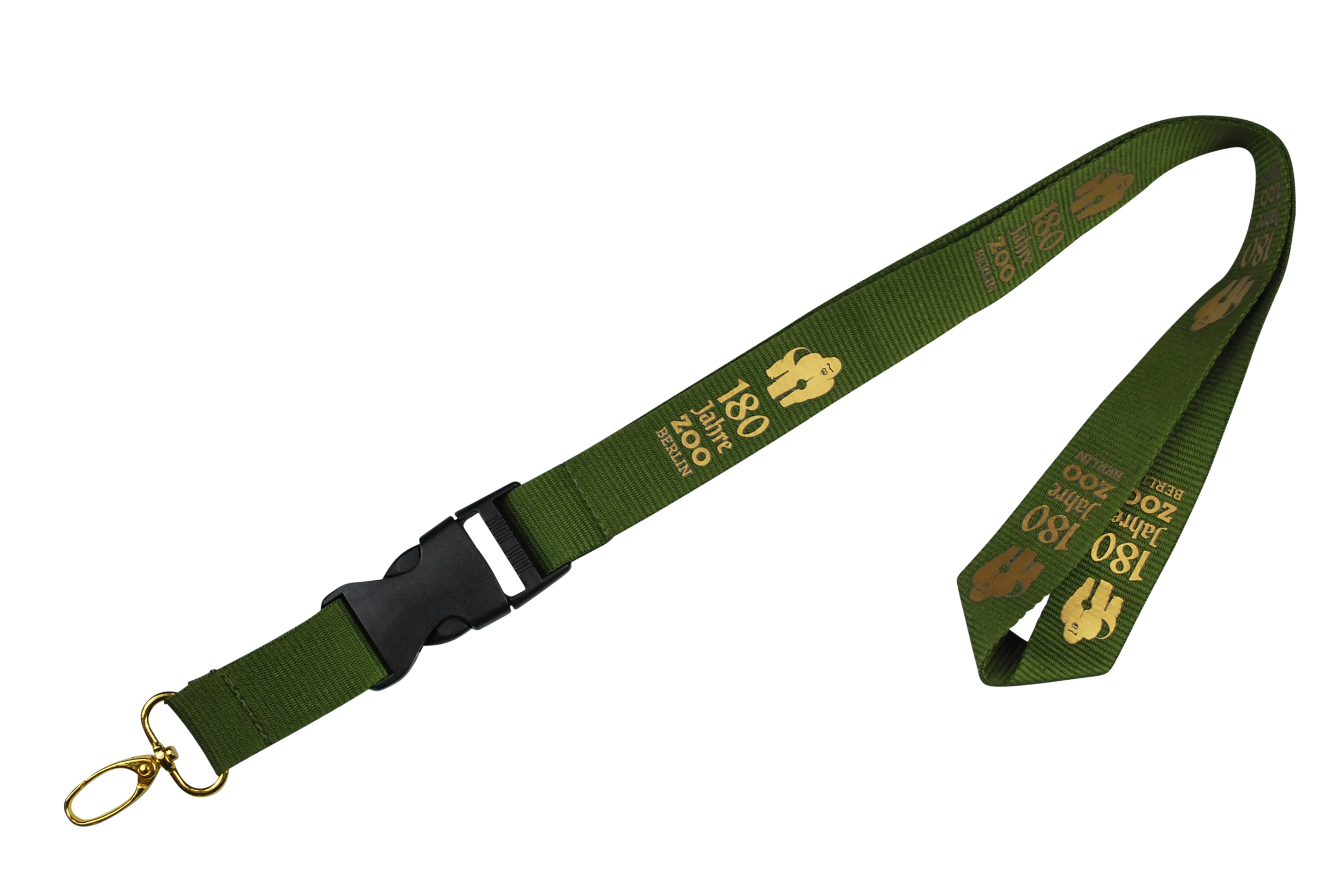 Grünes Lanyard mit goldener Schrift, feiert 180 Jahre Zoo Berlin.