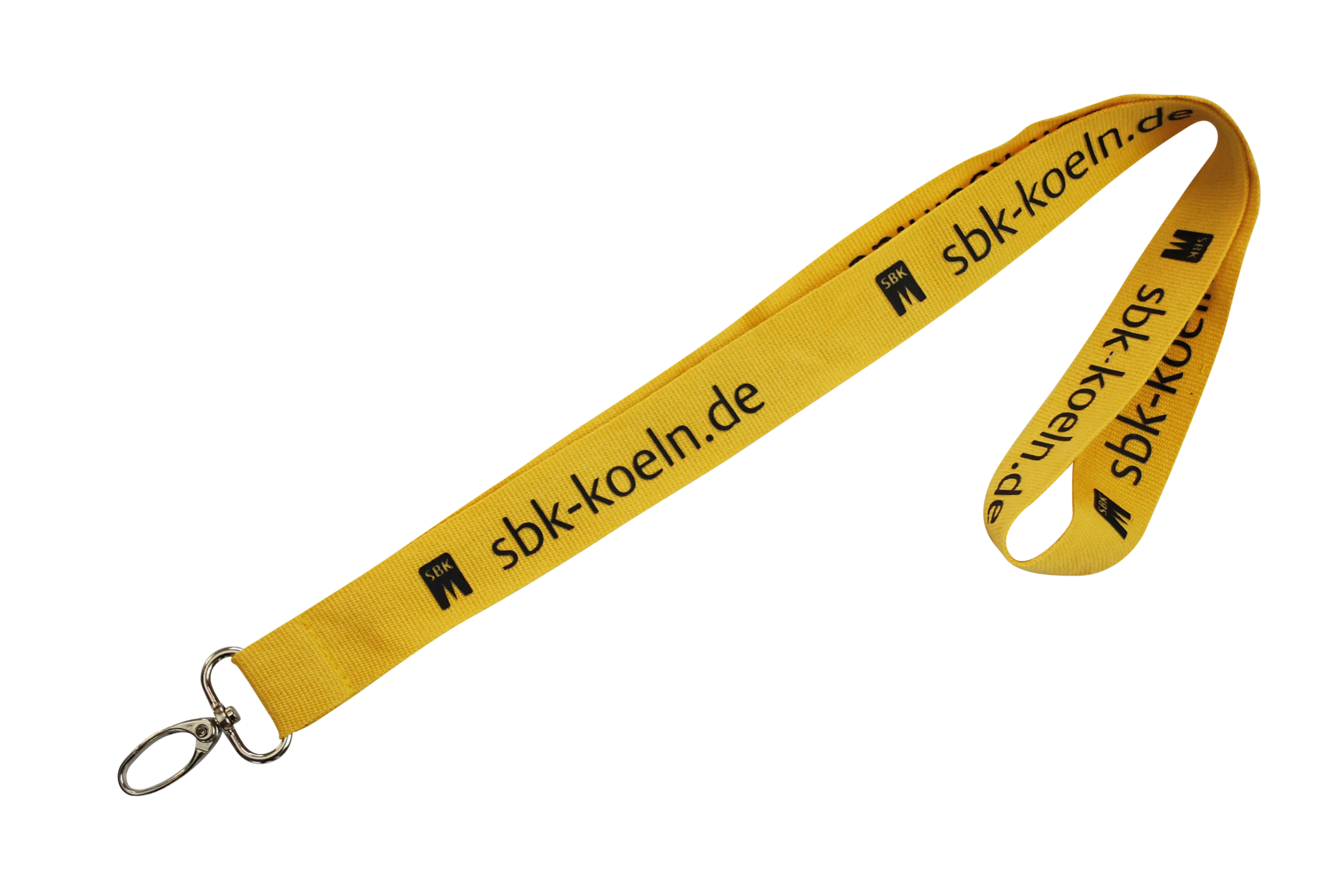 Gelbes Schlüsselband mit dem Aufdruck "sbk-koeln.de" und einem Metallclip zum Befestigen.