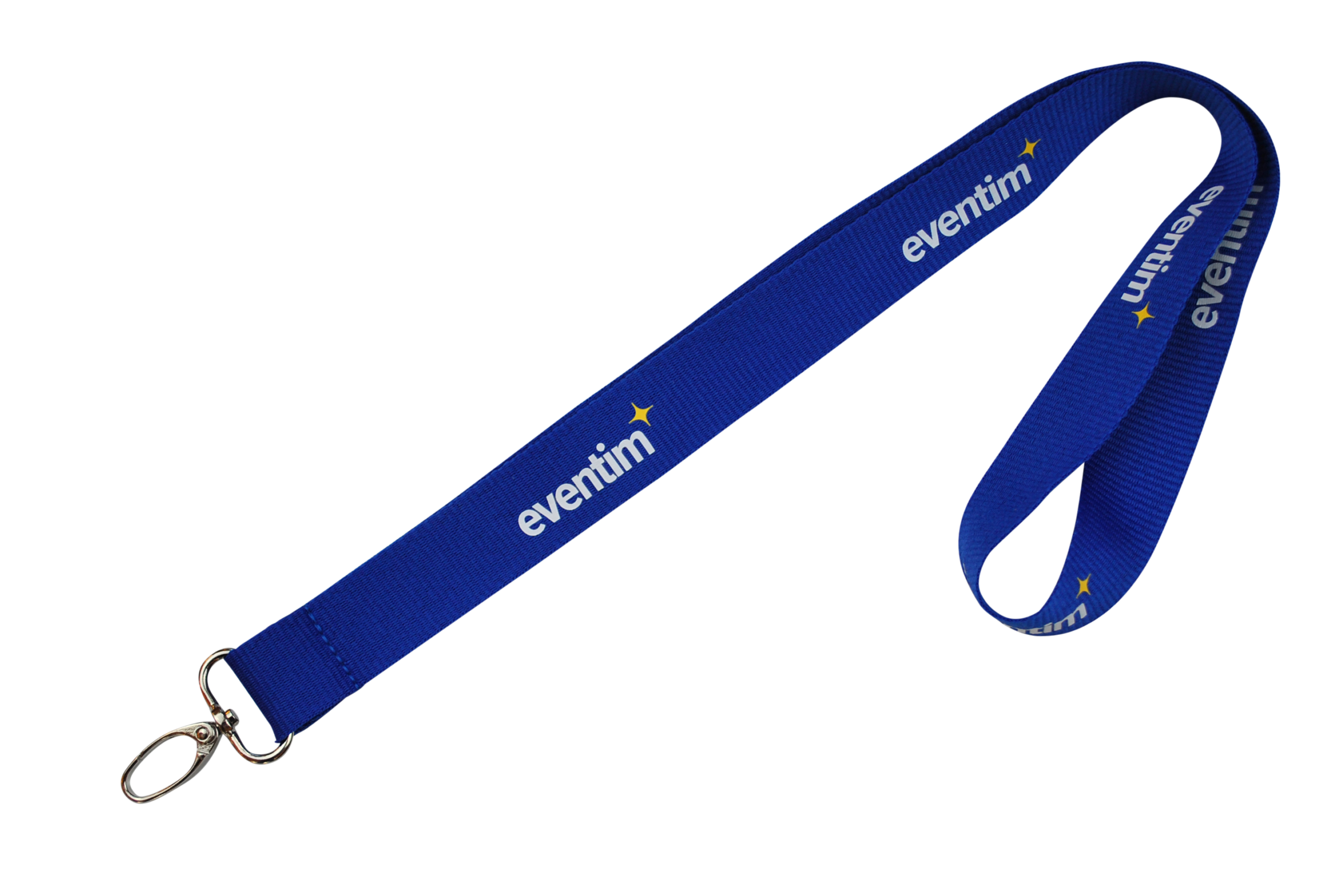 Blaues Lanyard mit dem Schriftzug "eventim" und einem metallenen Karabinerhaken.