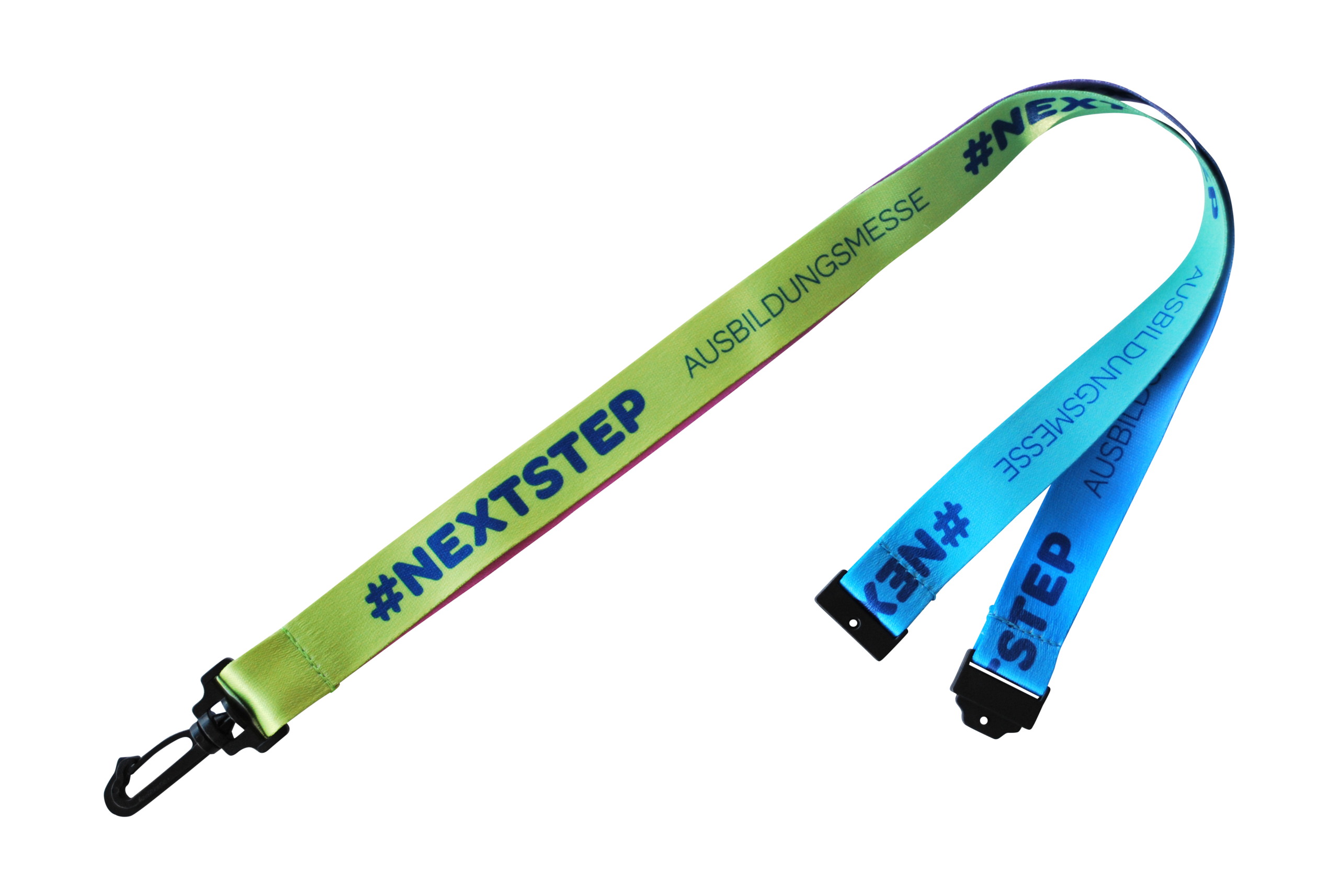 Lanyard in Neonfarben mit dem Text „#NEXTSTEP“ und „AUSSTELLUNGSMESSE“.