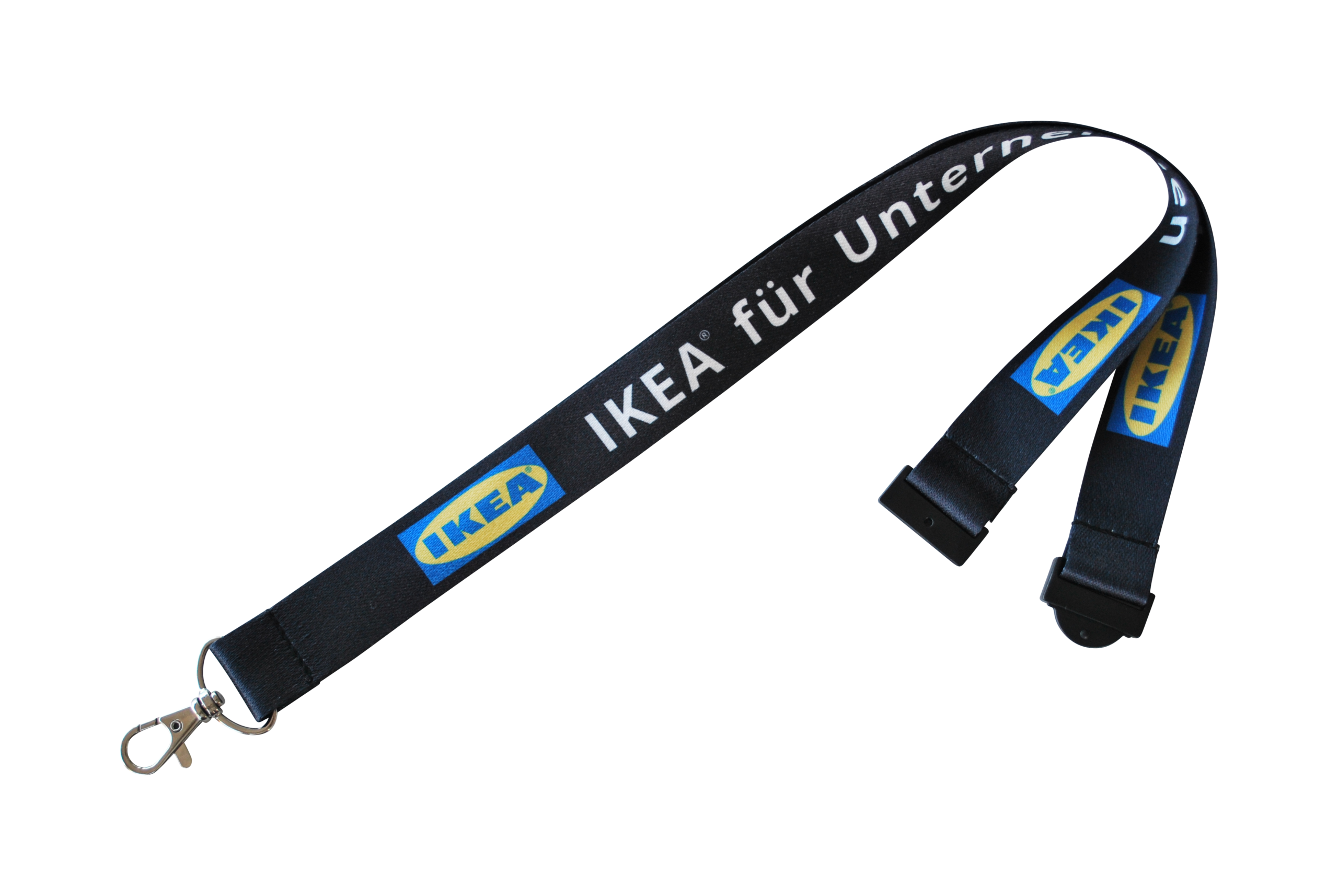 Schwarze Lanyard mit dem Schriftzug "IKEA für Unternehmen" und einem Karabinerhaken.