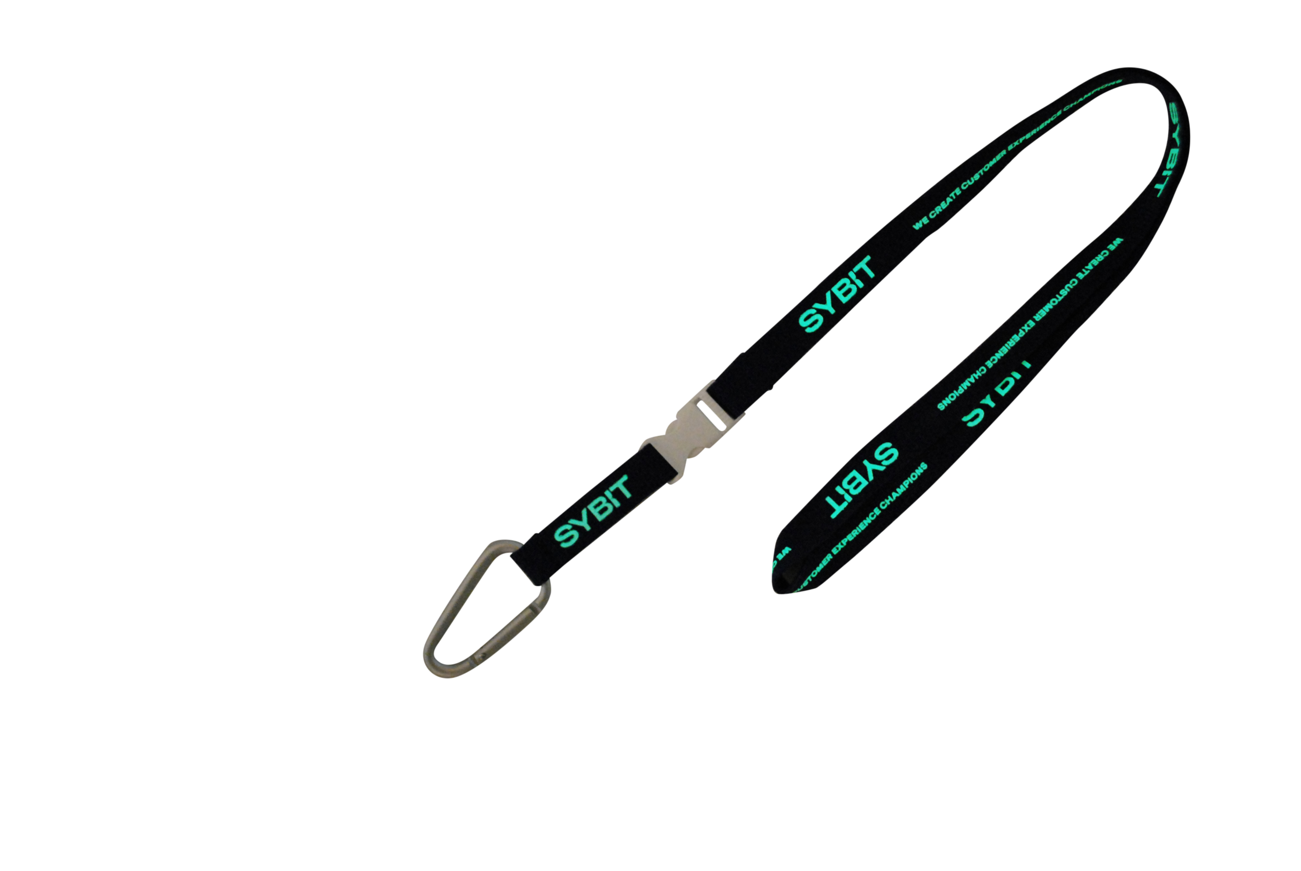 Schwarzer Schlüsselanhänger mit dem Schriftzug "SYBIT" in grüner Schrift und einem silbernen Karabiner.
