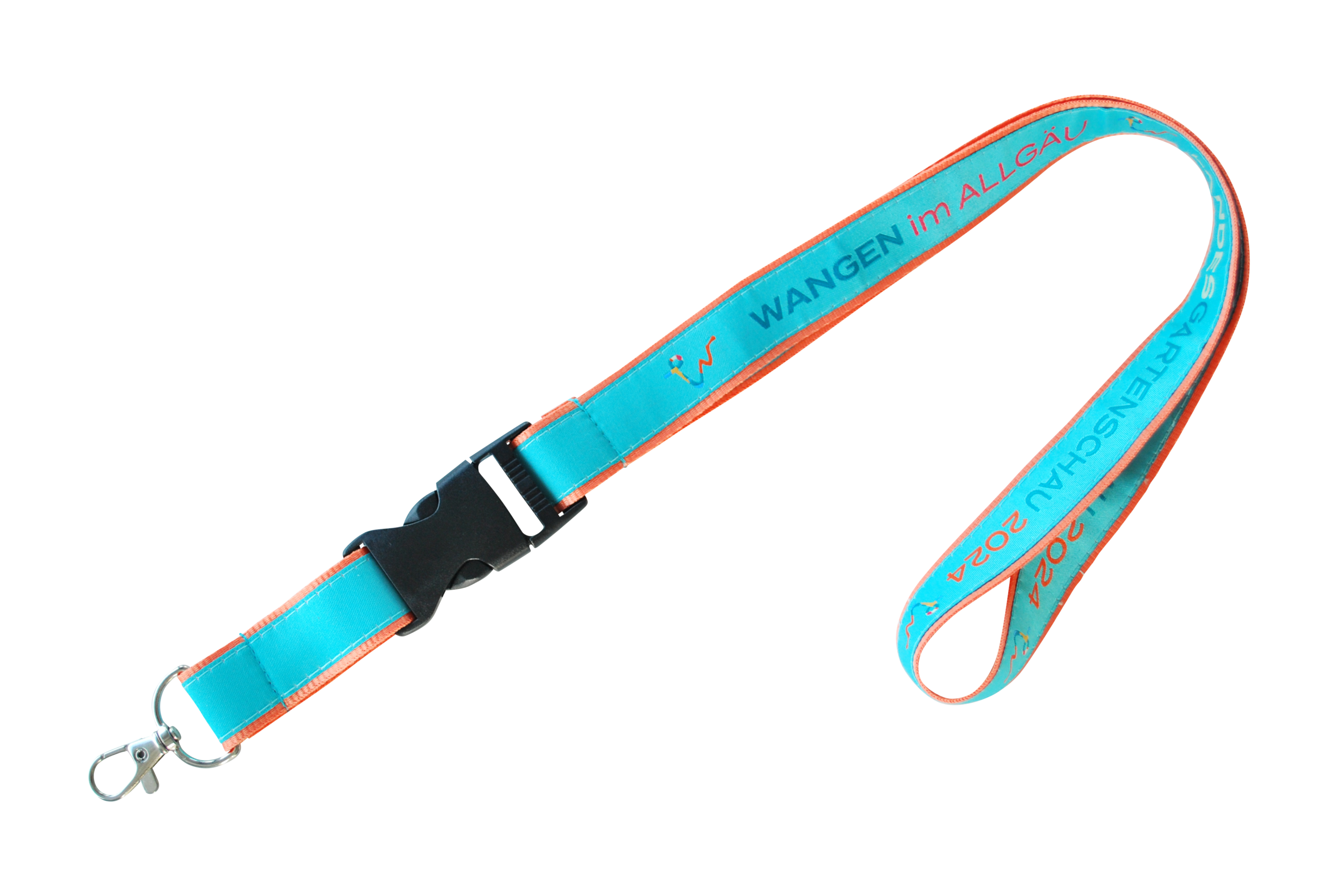 Ein Lanyard in Blau mit orangefarbenen Akzenten und dem Text "Wangen im Allgäu 2024" sowie einem Clip.