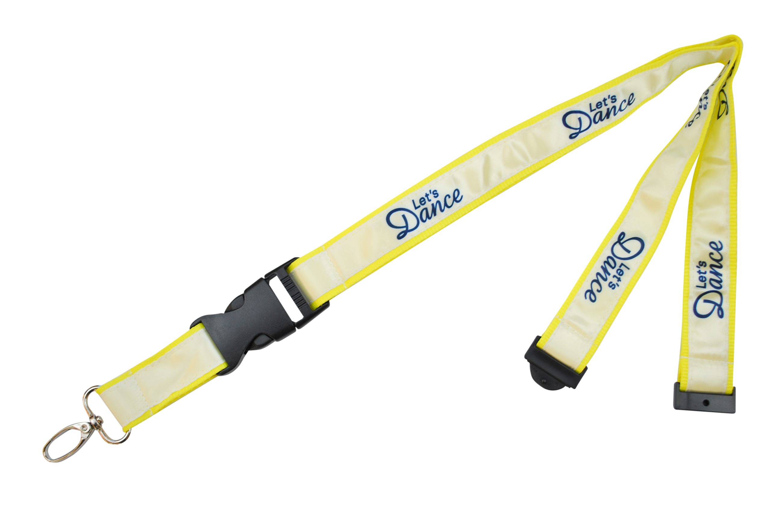 Gelber Lanyard mit dem Aufdruck "Let's Dance" und schwarzem Clipverschluss.