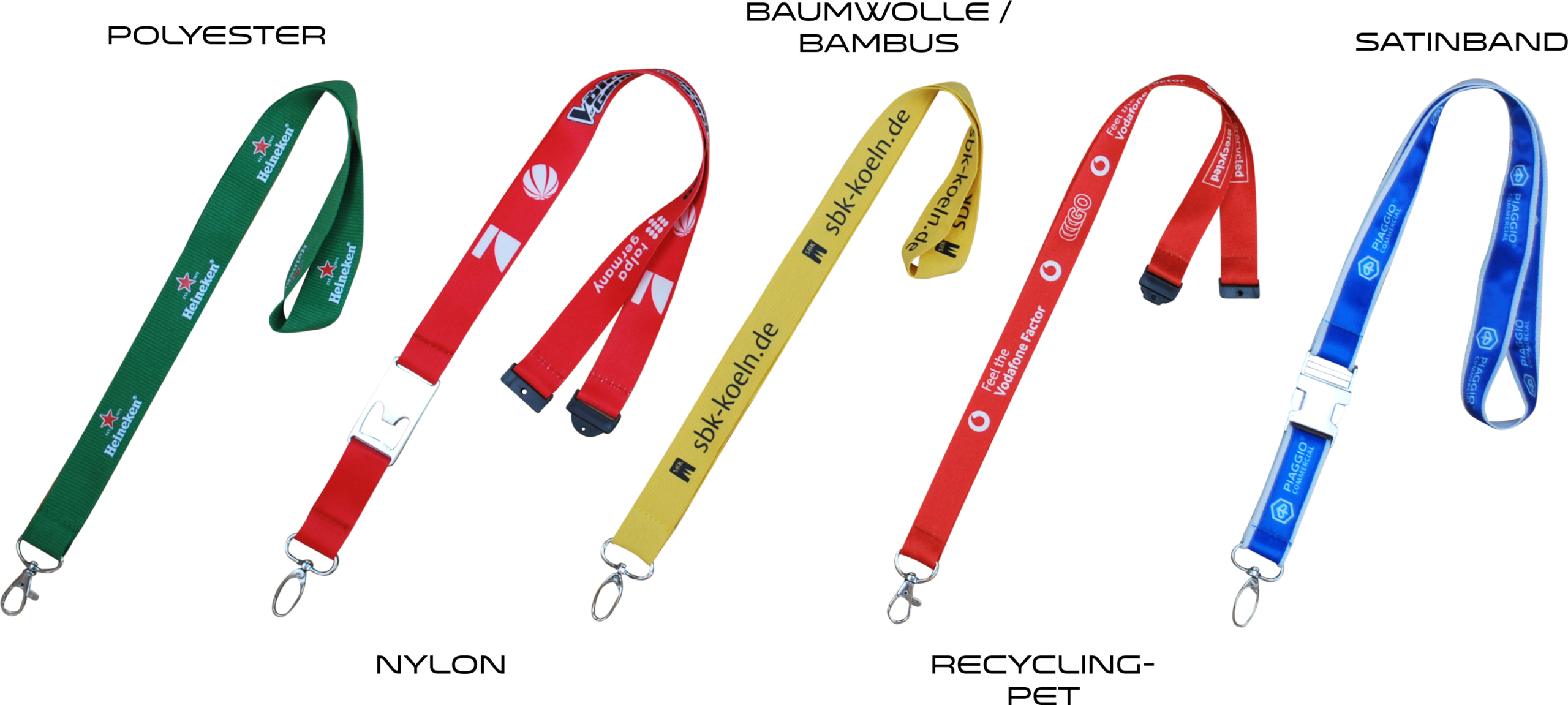 Bunte Lanyards in verschiedenen Farben und Designs, inklusive Logos und Texten, auf einem neutralen Hintergrund.