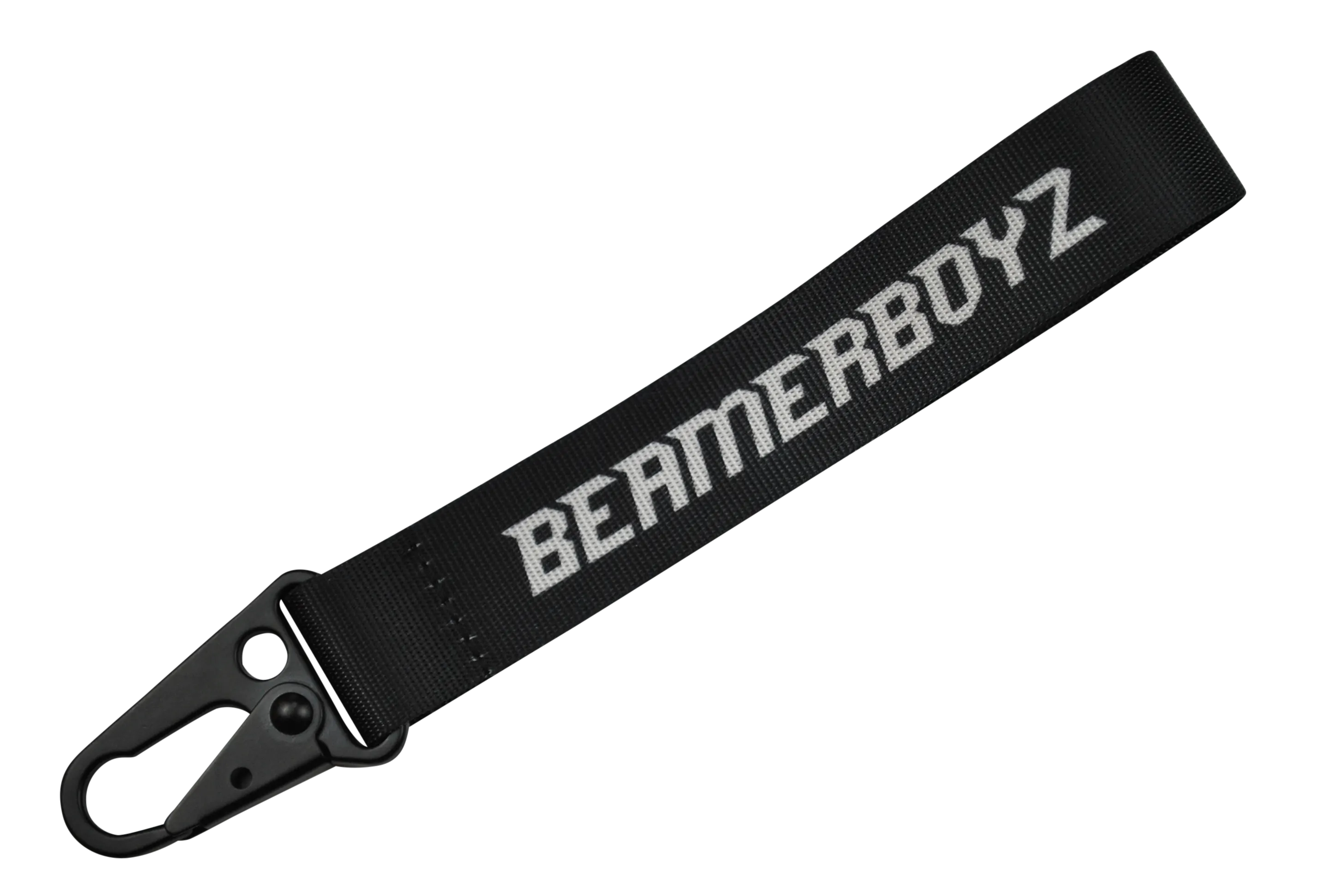 Schwarzer Tragegurt mit dem aufgedruckten Schriftzug "BEAMERBOYZ" und einem Karabinerhaken.