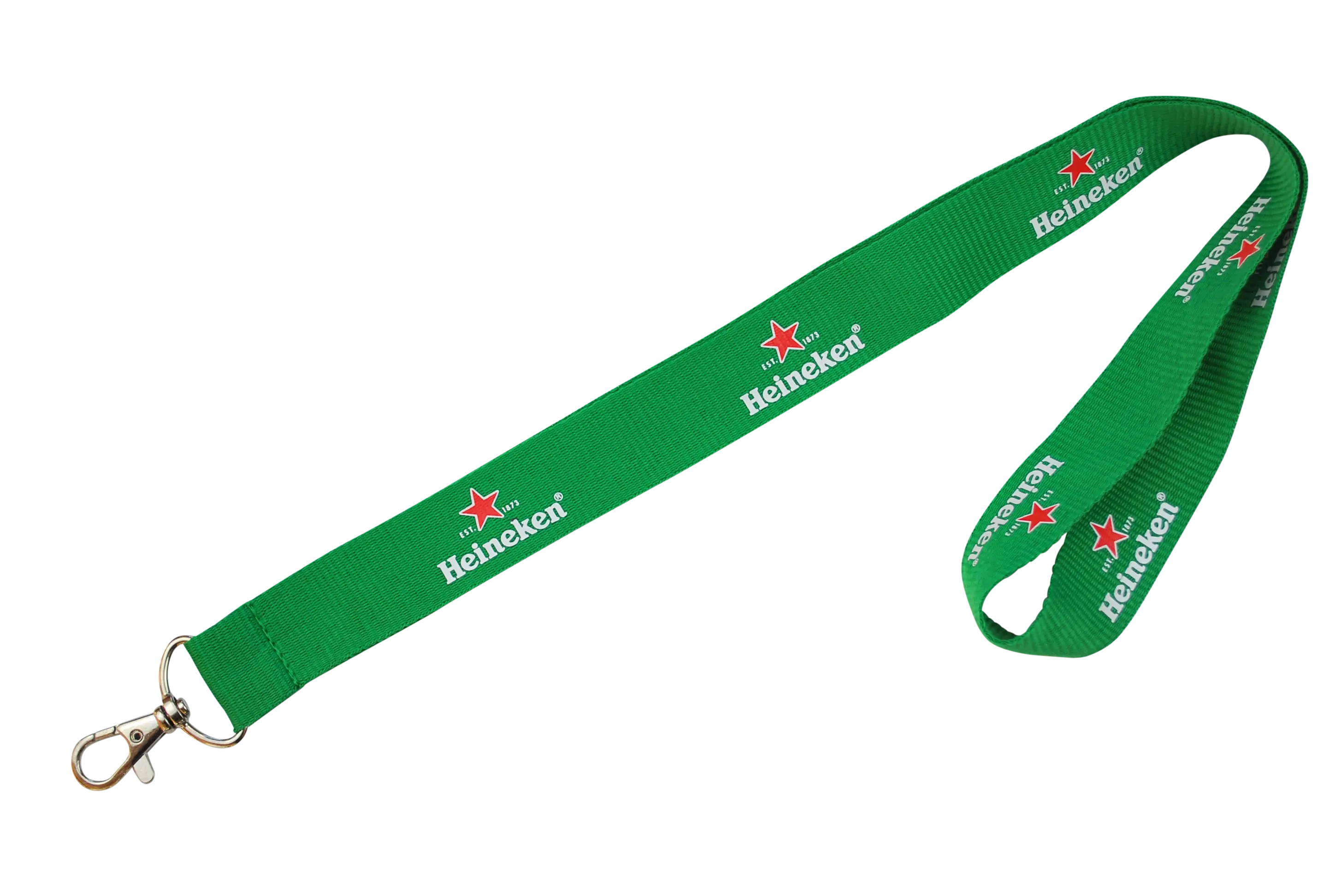 Grüne Lanyard mit Heineken-Logo und einem Karabinerhaken an einem Ende.