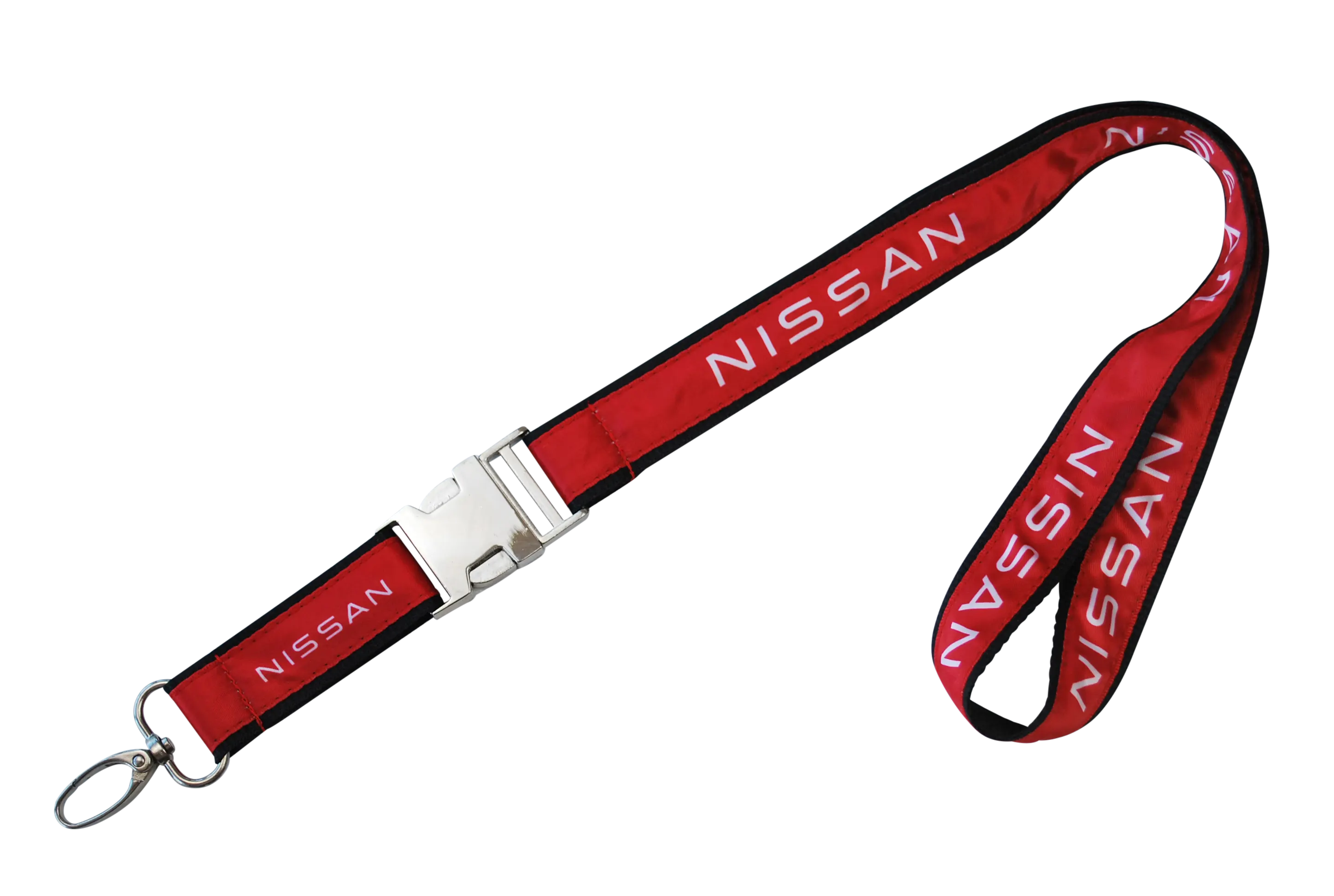 Rote Lanyard mit dem Logo von Nissan und einem silbernen Clip zum Befestigen von ID-Karten oder Schlüsseln.