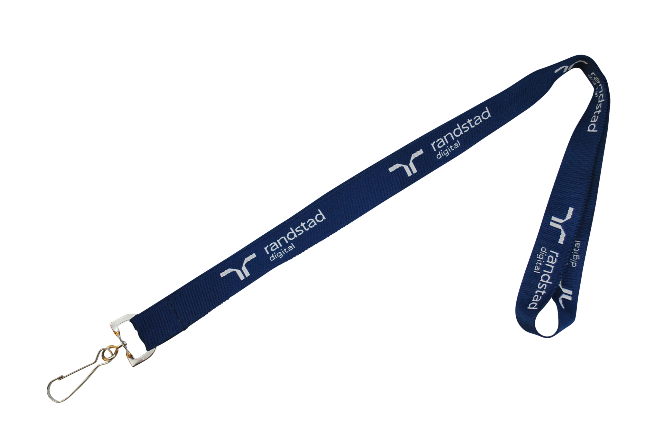 Ein blauer Marken-Lanyard mit dem Aufdruck "randstad digital" und einem silbernen Clip.