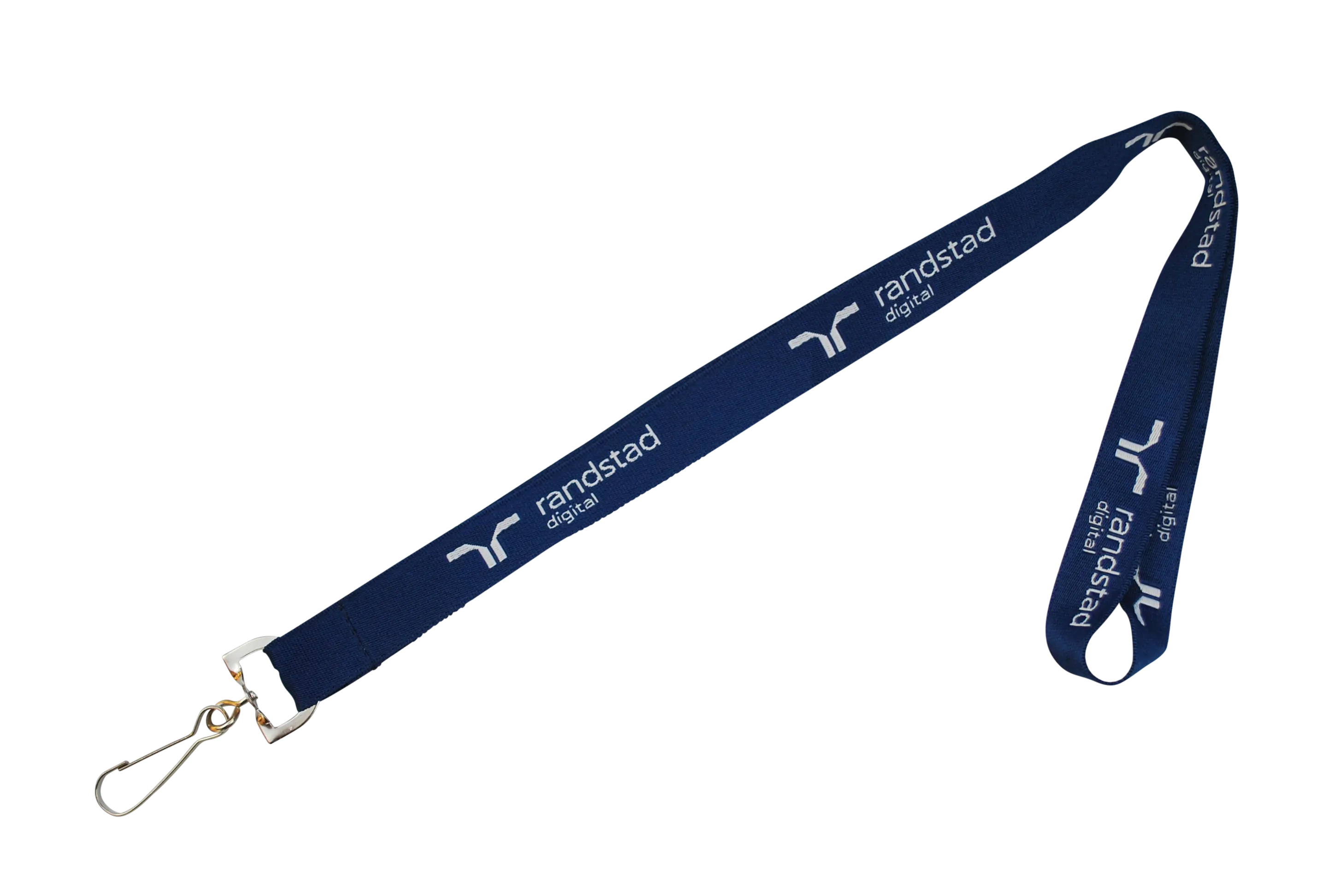 Ein blauer Lanyard mit dem Logo von Randstad digital und einem Karabinerhaken.