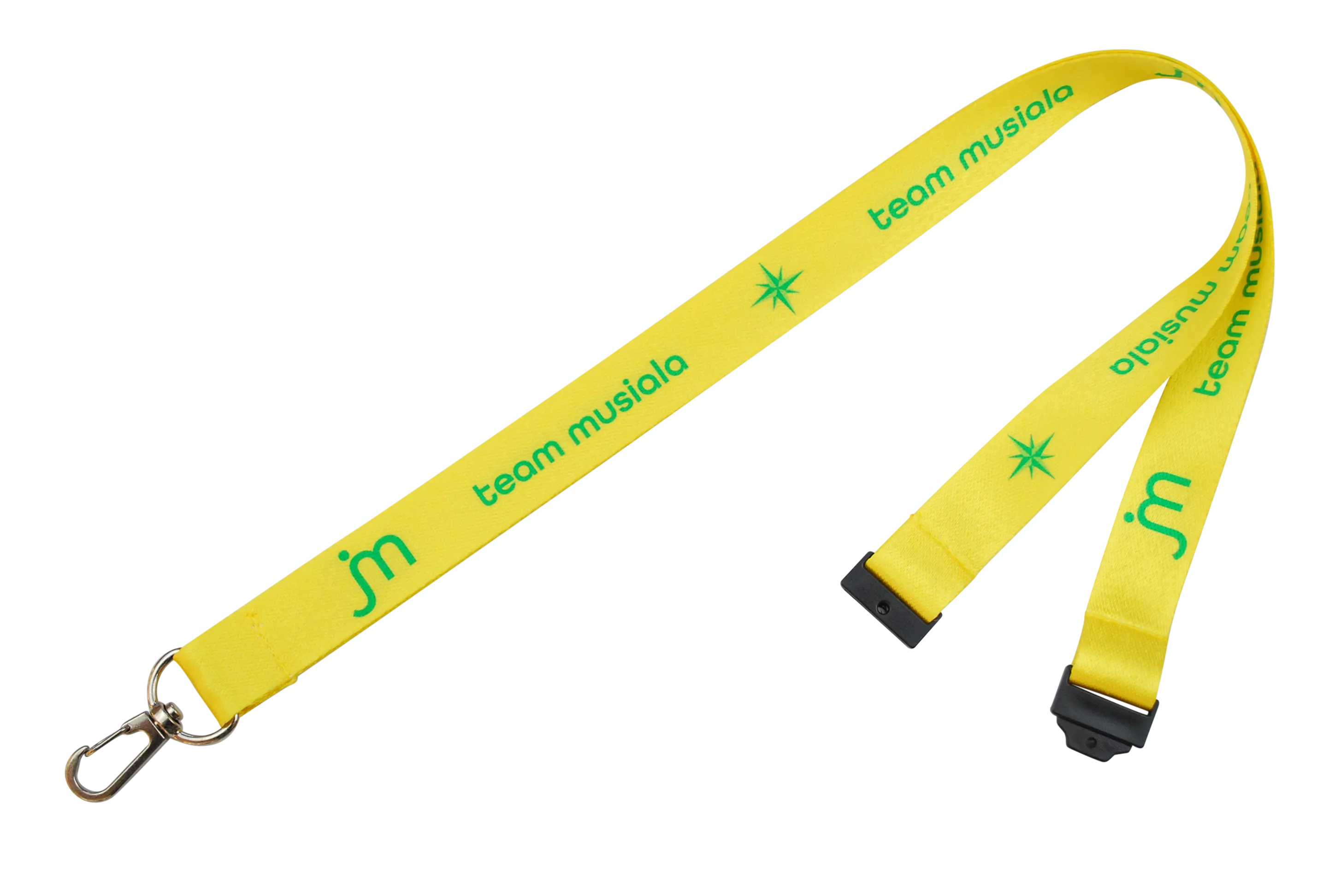 Gelbe Lanyard mit dem Text "team musiala" und einem Sternenmotiv, ausgestattet mit einem Karabiner.
