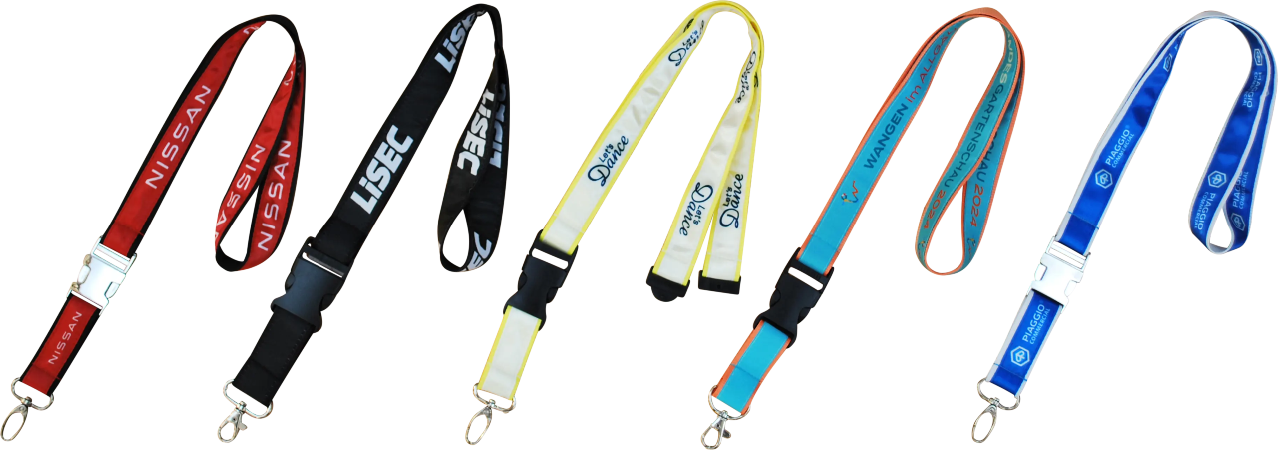 Fünf Lanyards in verschiedenen Farben und Designs, beschriftet mit Markennamen und Slogans.