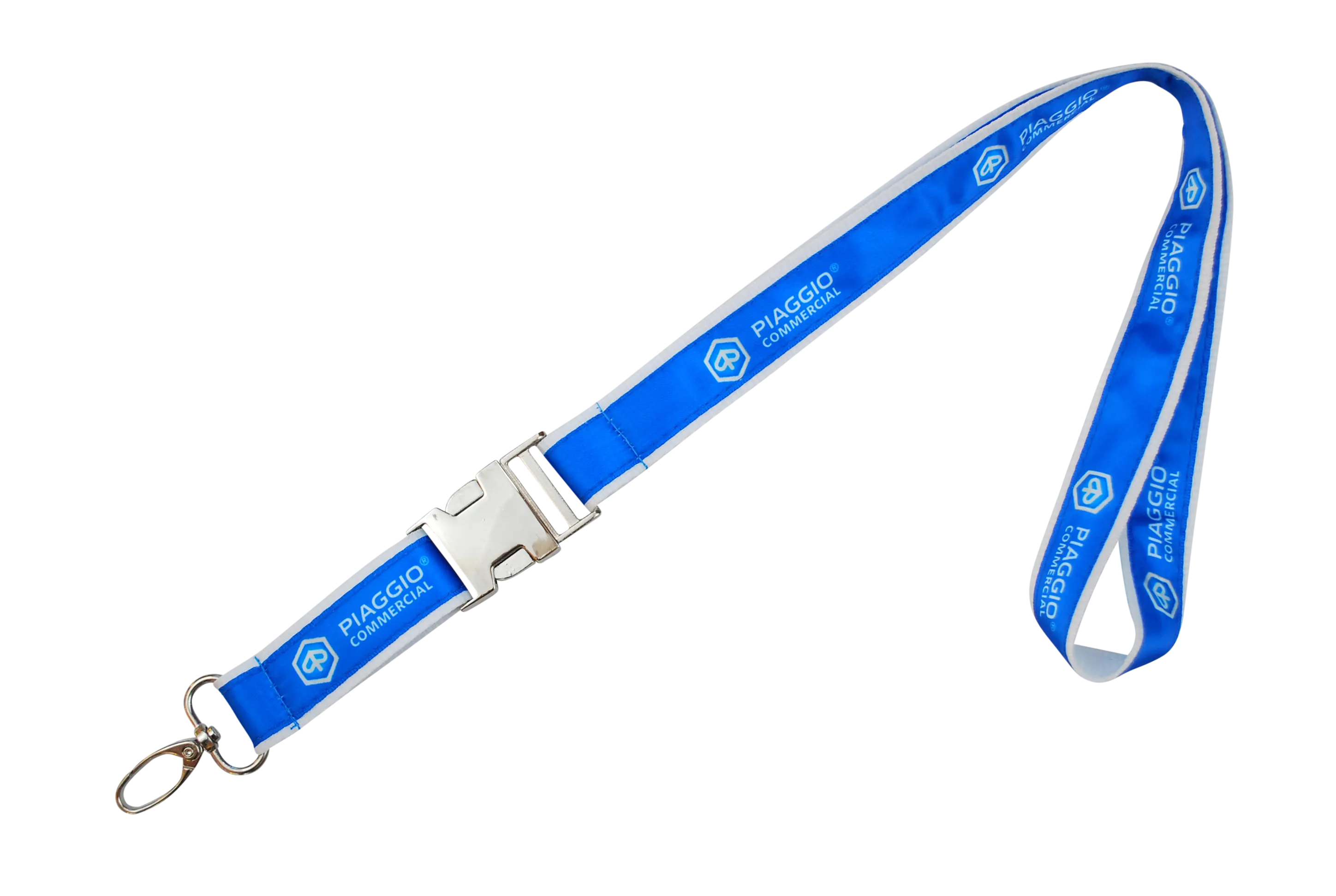 Blauer Lanyard mit silberner Schnalle und aufgedrucktem Logo "PIAGGIO COMMERCIAL".